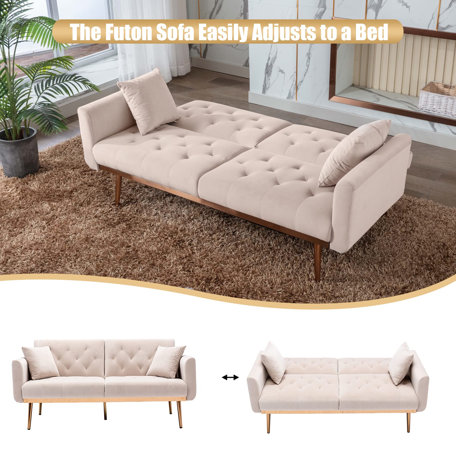 Velvet Accent Loveseat Sofa with Rose Gold Metal Feet - Convertible Sleeper Sofa Bed for Small Spaces, Modern Futon Couch with Split Back Design & 2 Pillows (63.8