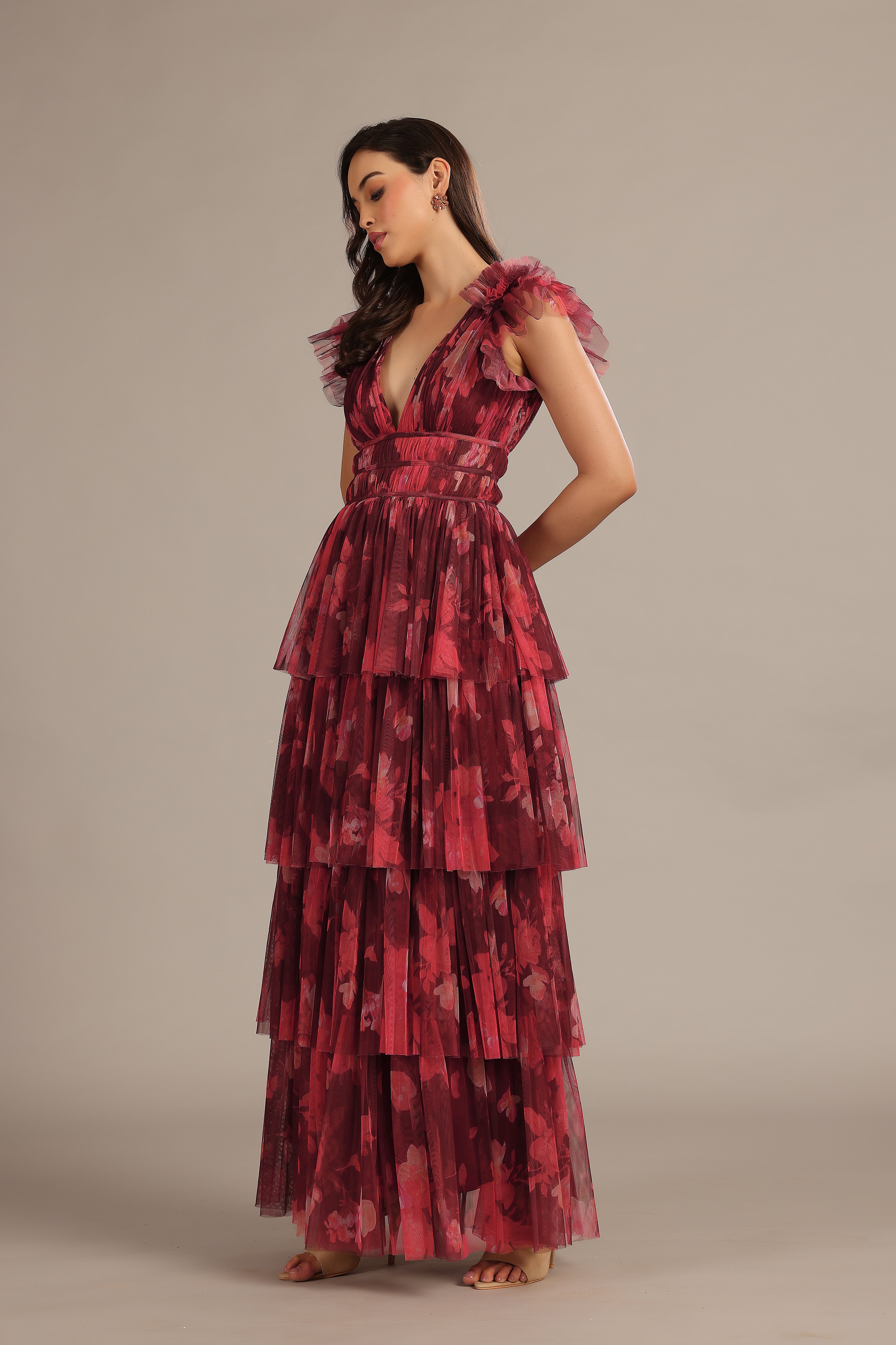 Naomi Women's Maxi Dress - Floral Print Deep Red Long Sleeve Boho Chic Summer Dress for Beach, Vacation & Date Night
