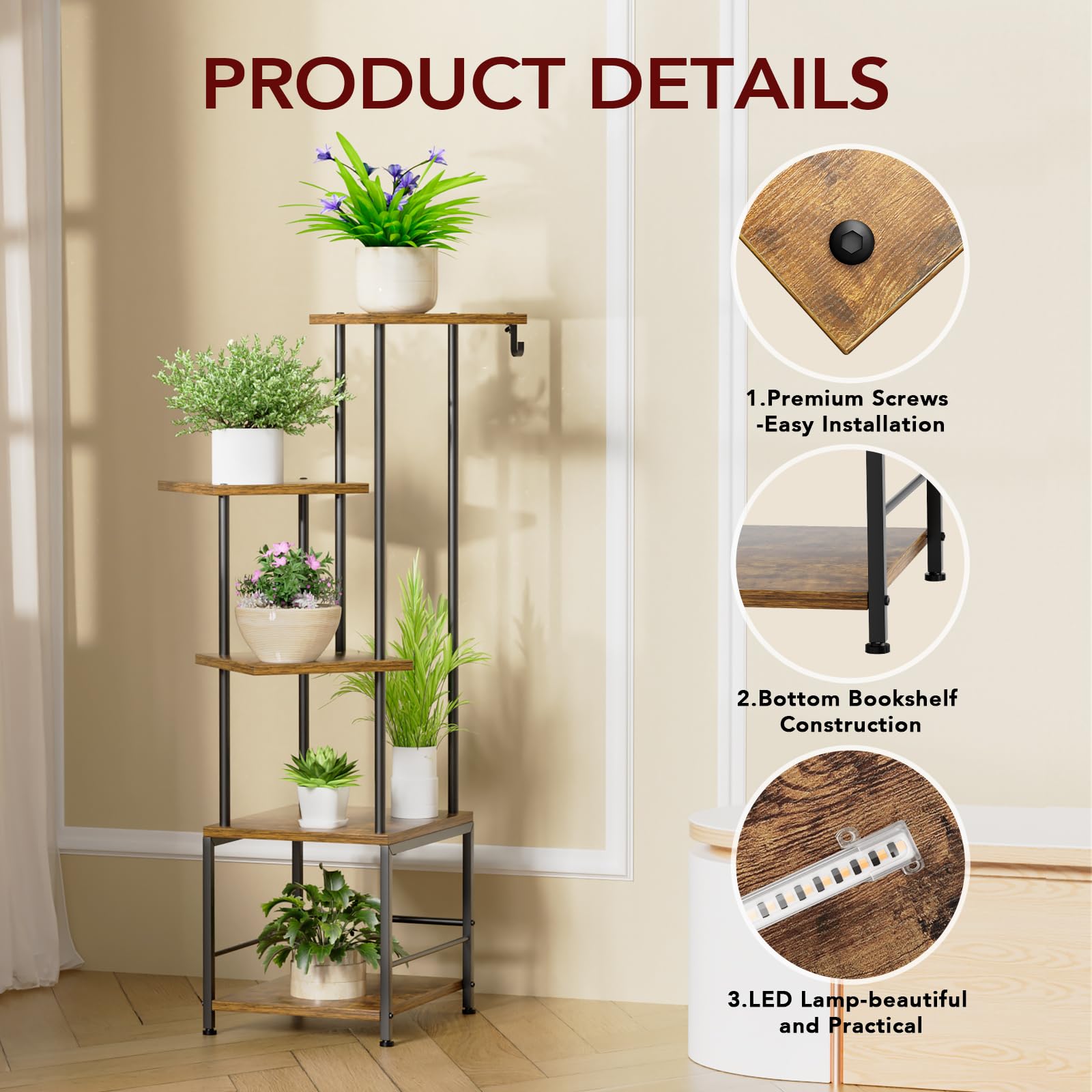 5-Tier Metal Plant Stand with Adjustable Grow Light & Hanging Hooks - Indoor Plant Shelf for Living Room, Garden, Patio - Perfect for Small Spaces & Plant Lovers (Brown/Black)