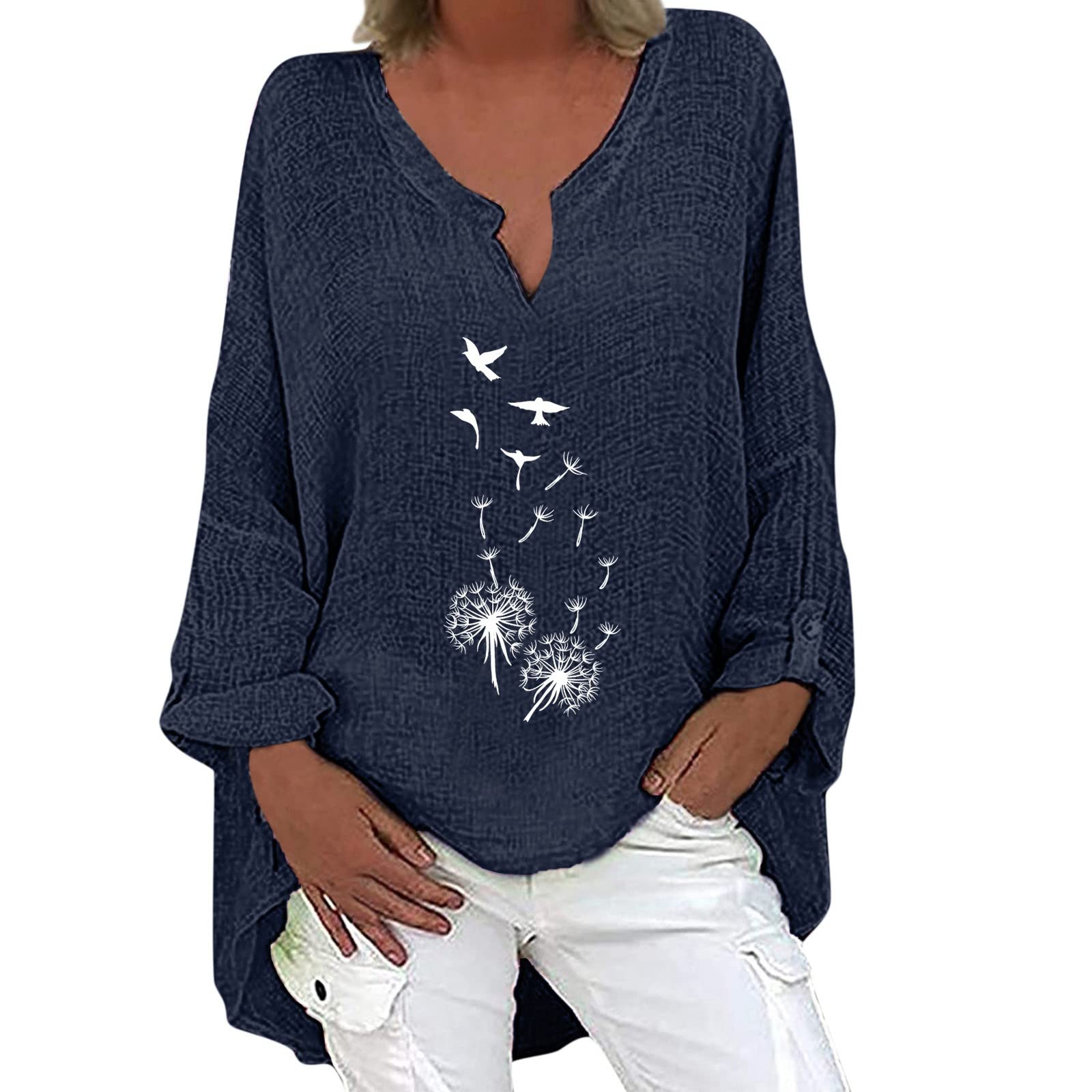 Women's Long Sleeve High-Low Hem Cotton Linen Shirt Blouse - Loose Fit Casual V-Neck Tops for Women - Perfect for Office Wear, Date Nights & Everyday Outfits