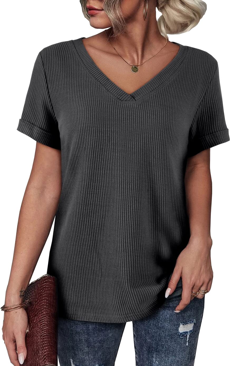 Aiopr Women's Casual Short Sleeve V-Neck T-Shirt - Summer Loose Fit Waffle Knit Top Blouse for Everyday Wear, Work & Vacation Outfits