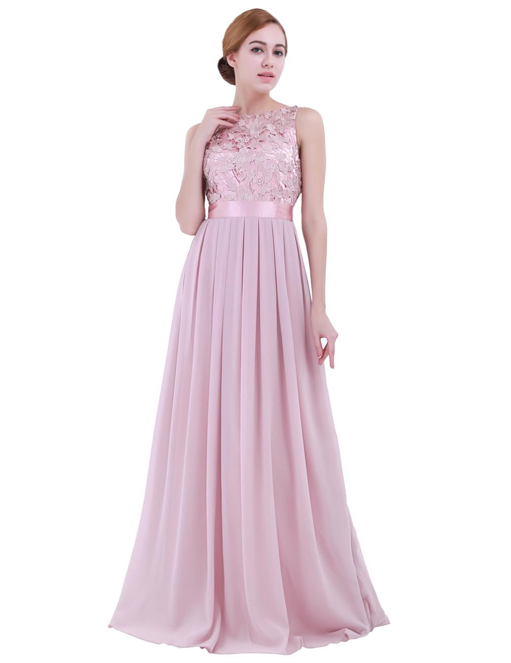 Elegant Sleeveless Chiffon Bridesmaid Dress with Lace Detail - Women's Formal Long Evening Gown for Wedding, Party & Special Occasions