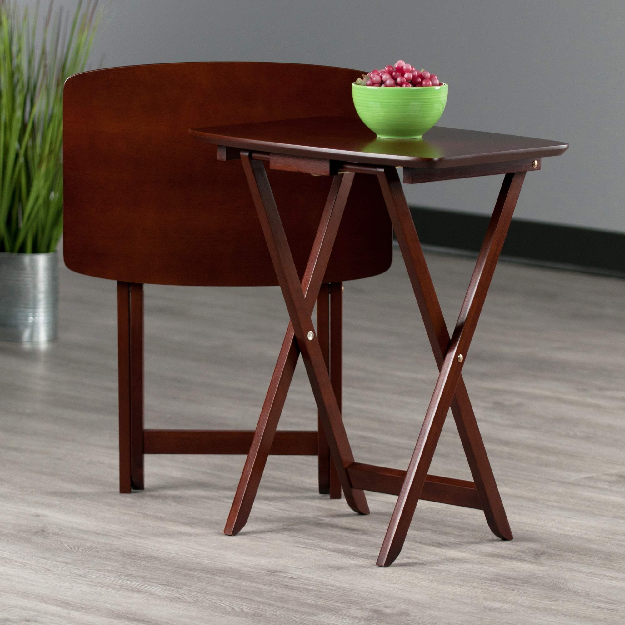 Ergode Wood Cade 2-Piece Oversized Snack Tables - Foldable Coffee Tables for Living Room, Patio & Bedroom - Dark Brown Wooden Side Tables with Storage Shelf - Perfect for Snacks, Drinks & Remote Control Organization