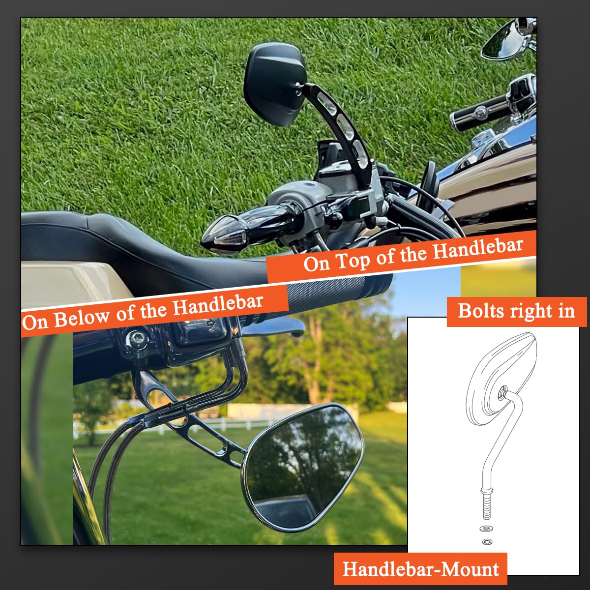 FOVPLUE Handlebar Mount Mirrors - Left & Right Side Rearview Mirrors for Harley Davidson 1982-2024 Models (CVO, Dyna, Electra Glide, Road Glide, Road King, Softail, Street Glide, Sportster 1200/883) - Chrome Finish - Perfect for Safe Riding & Highway Cruising