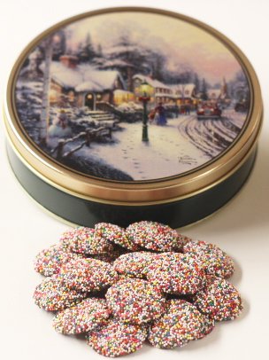 Scott's Cakes Milk Chocolate Wafers with Rainbow Non-Pareils - Holiday Christmas Treats in Mini Village Tin for Gifts, Parties & Festive Celebrations