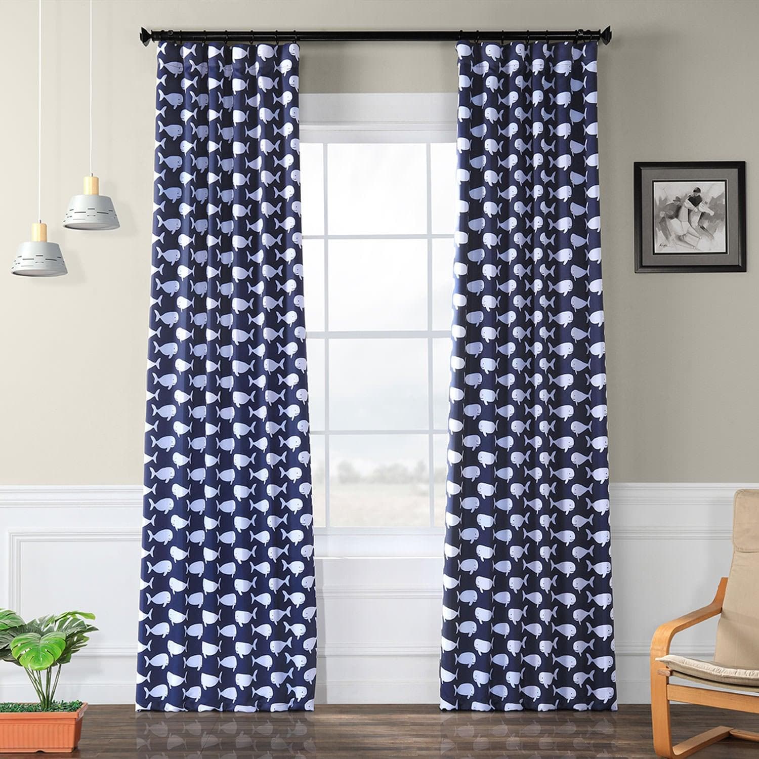Migaloo Navy Emblem Blackout Curtains for Bedroom - Light Blocking Thermal Insulated Window Drapes for Home, Nursery & Office - Perfect for Shift Workers & Light Sleepers
