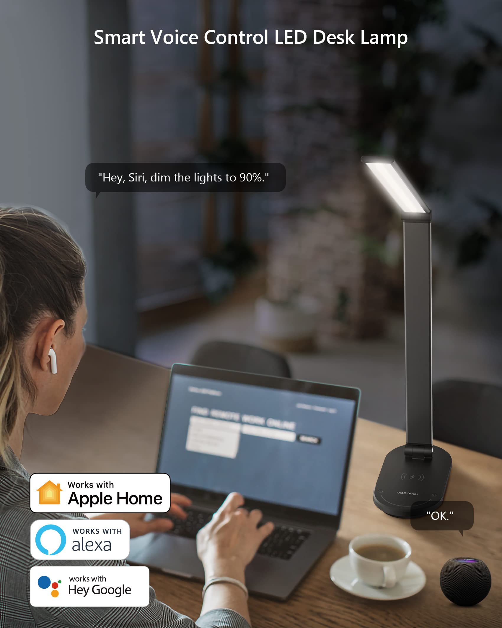 VOCOlinc Smart LED Desk Lamp - Eye-Caring Home Office Light with Stepless Dimming & Timer, Works with HomeKit Alexa Google Assistant | Perfect for Reading, Studying, Crafting & Nightstand Lighting