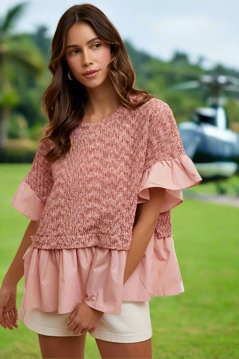 Rose Ruffle Textured Knit Top for Women - Elegant Feminine Blouse for Casual Wear, Date Night & Office Outfits | Soft Comfortable Knitwear for Spring & Fall Seasons