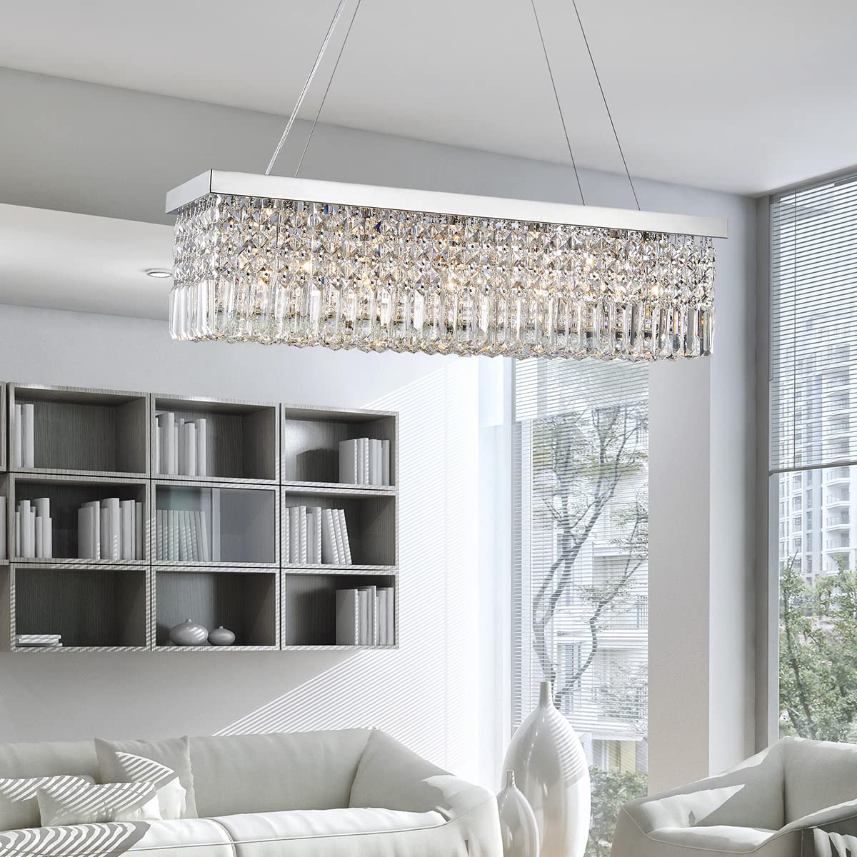 Saint Mossi 5-Lights K9 Crystal Chandelier - Modern Rectangular Pendant Light Fixture for Dining Room & Kitchen Island - Adjustable Chain Raindrop Flush Mount Ceiling Light (H9 x W10 x L31) - Perfect for Elegant Home Decor, Wedding Venues & Restaurant Lighting