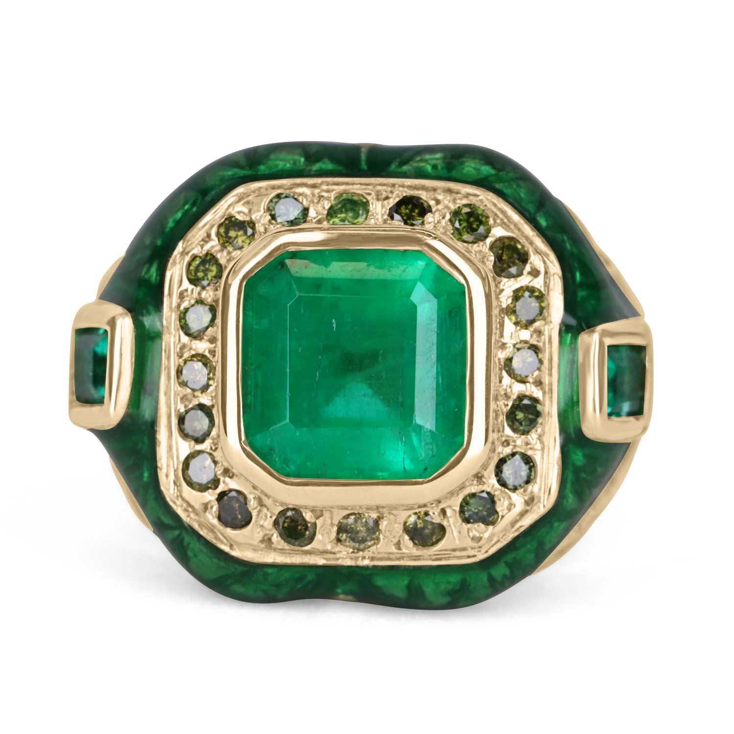 5.30 Carat Colombian Emerald & Diamond Men's Ring in 14K Gold with Enamel - Luxury Wedding Band, Anniversary Gift for Him, Perfect for Special Occasions