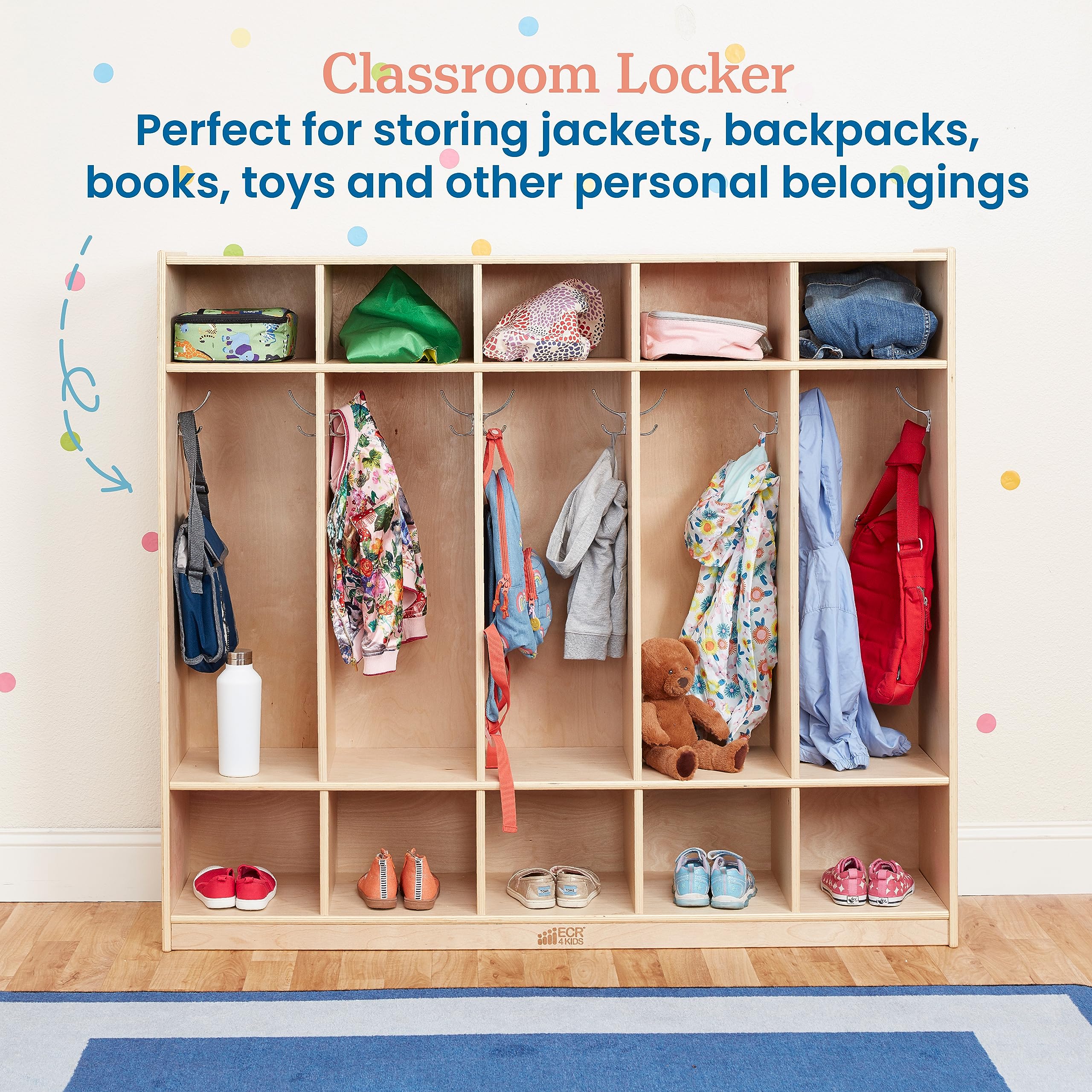 ECR4Kids 5-Section Straight Coat Locker - Natural Wood Classroom Storage Furniture for Jackets, Backpacks & School Supplies - Perfect for Preschools, Daycares & Elementary Schools