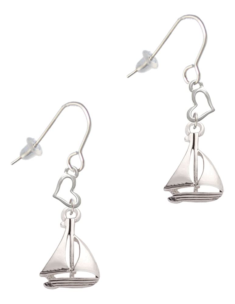Antique Sailboat Heart Earrings - Silver French Hook for Women