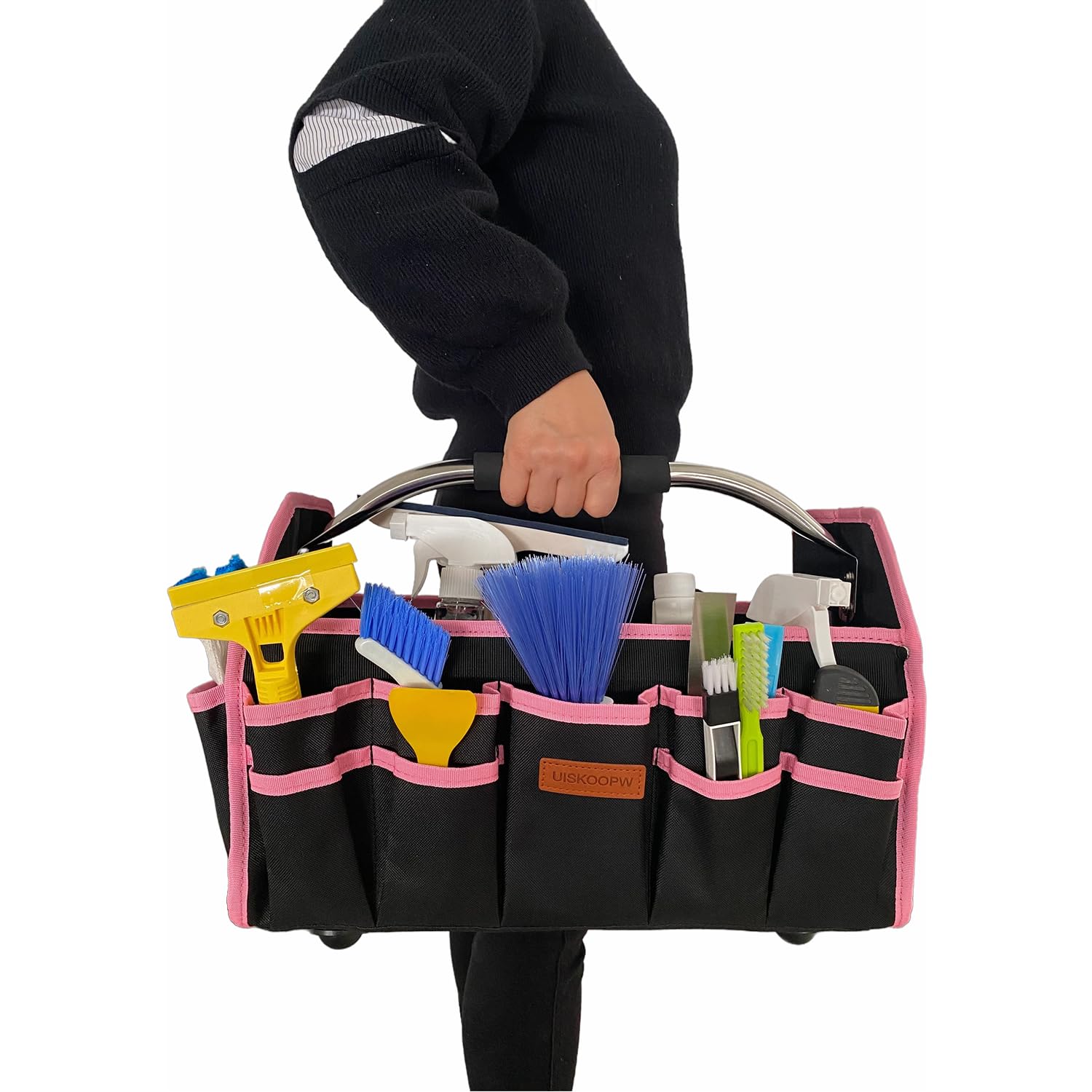 Pink Cleaning Caddy Organizer with Handle - Portable Storage for Cleaning Supplies, Housekeeping & Car Detailing - Durable Cleaning Caddy Bag for Home, Office & Travel (Pink Trim)