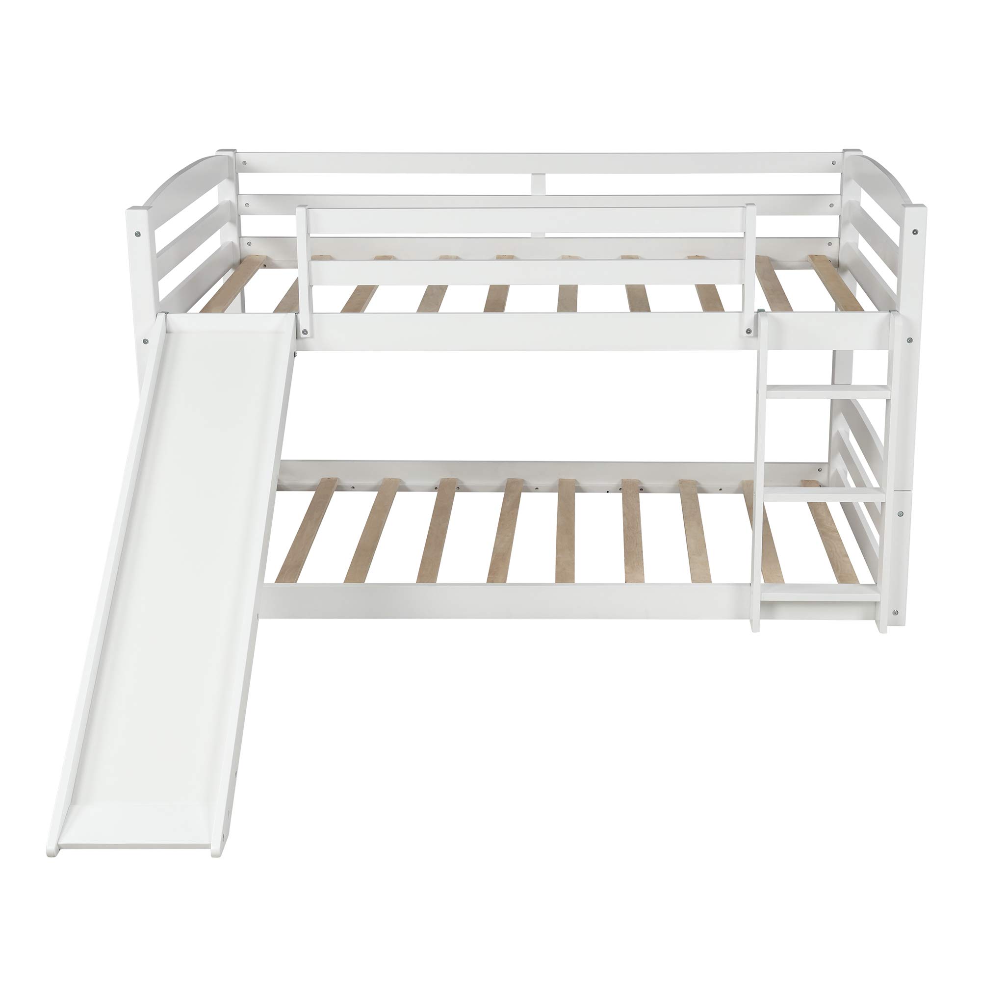 Kids Twin Bunk Beds with Slide & Built-in Ladder - Convertible Wooden Low Profile Bunk Bed for Children, No Box Spring Needed (White) - Perfect for Small Bedrooms, Shared Kids Rooms & Sleepovers