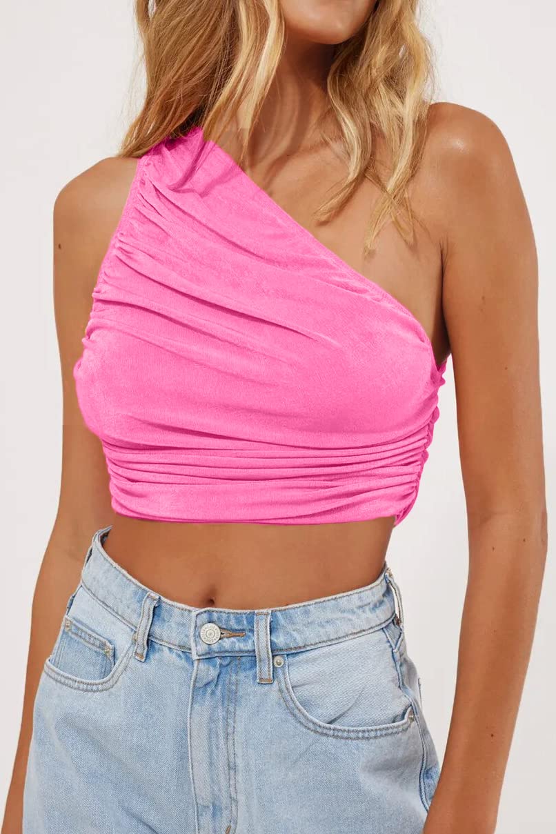 CHYRII Women's Sexy Sparkly One Shoulder Crop Top - Sleeveless Ruched Tank Top for Club, Party & Night Out | Summer Fashion & Casual Wear