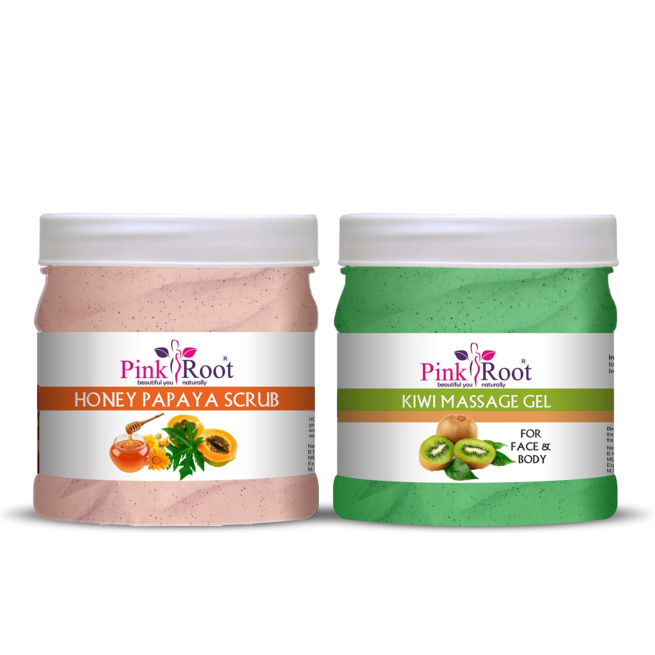 Pink Root Kiwi Massage Gel & Honey Papaya Scrub Set - 500ml Each - Natural Skin Care for Relaxation & Exfoliation - Perfect for Spa Day & At-Home Body Treatments