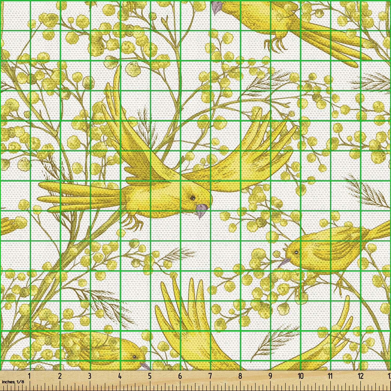 Ambesonne Spring Fabric by The Yard - Romantic Mimosa Flowers & Birds Pattern, Decorative Upholstery Fabric for Sofa, Curtains & Home Decor, 2 Yards, Yellow Earth Yellow | Perfect for DIY Projects, Pillow Covers & Table Runners