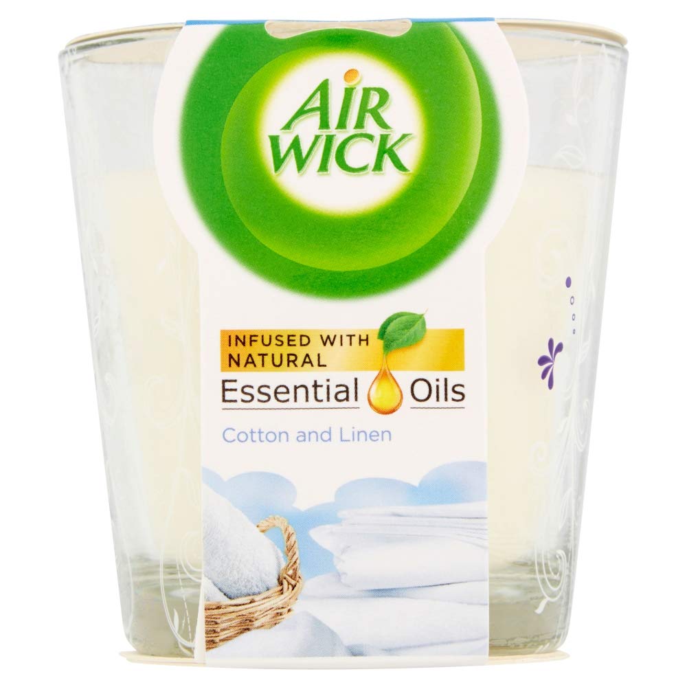 Air Wick Essential Oils Scented Candle - Cotton & Linen Fragrance, 3.7oz (105g) for Home Aromatherapy, Relaxation & Stress Relief