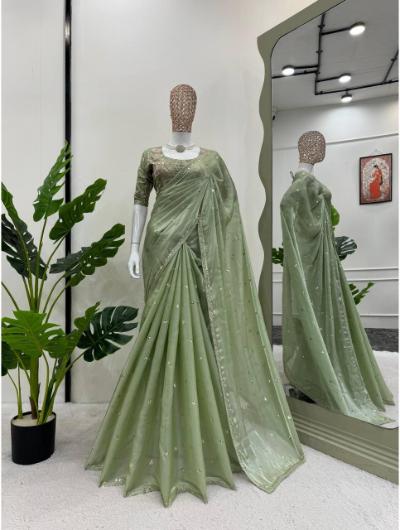 Jimmy Choo Pista Green Sequence Work Saree - Elegant Indian Party Wear for Weddings & Festive Occasions