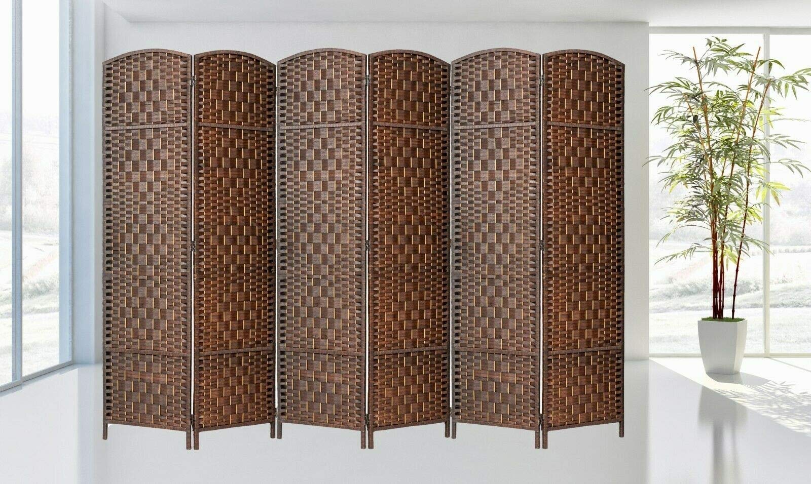 GXP Natural Bamboo Fiber Room Divider - Diamond Weave Design, Brown, 4 or 6 Panel Folding Screen for Home & Office Privacy, Partition for Bedroom, Living Room, Studio or Workspace