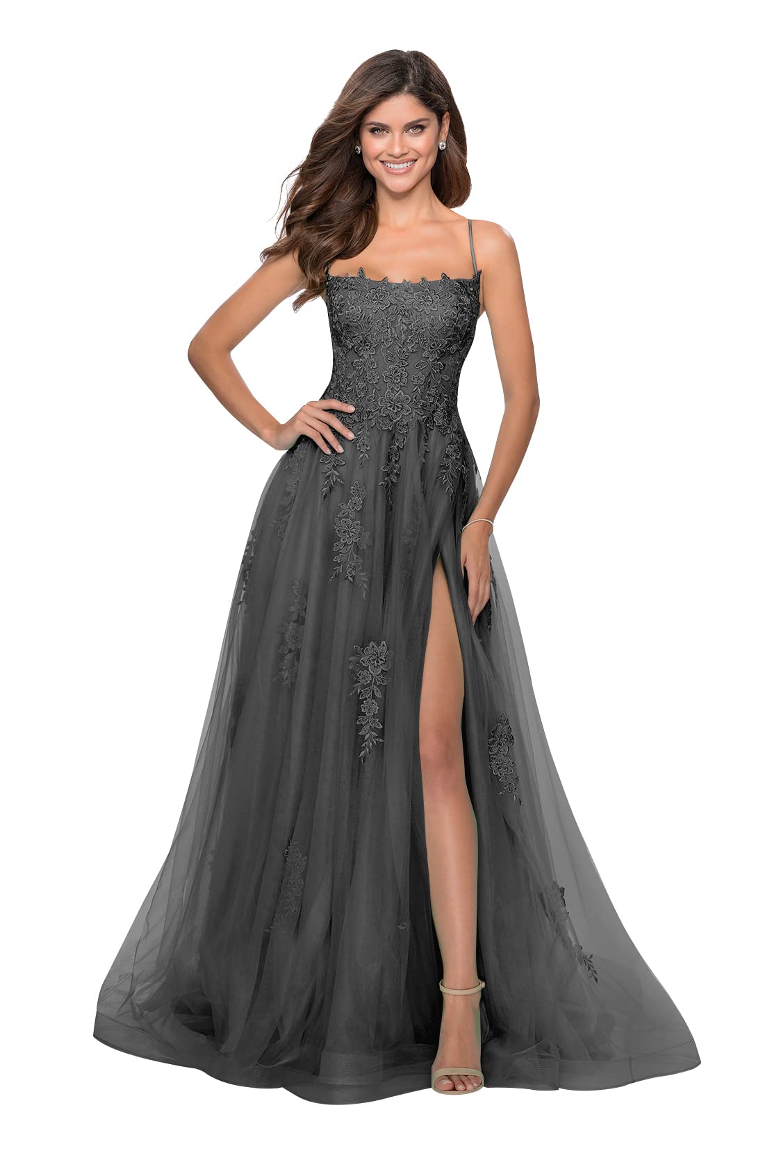 Mollyevers Women's Elegant Spaghetti Strap Prom Dress - Long Tulle Lace Applique Formal Evening Gown with Thigh High Slit | Perfect for Homecoming, Prom Night, Wedding Guest & Black Tie Events
