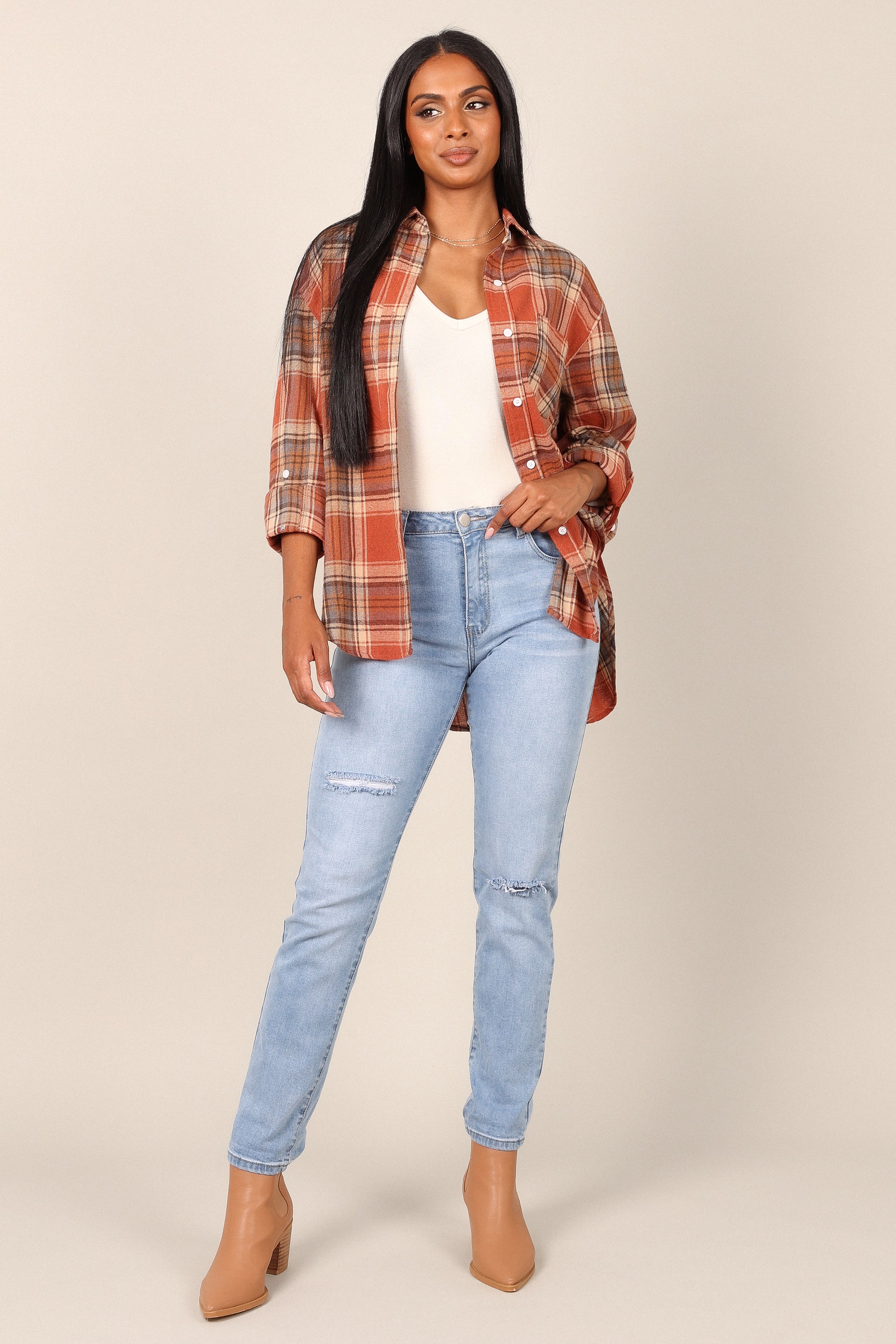 Alexa Plaid Button Down Shirt for Women - Classic Brick Red Flannel Shirt | Casual Office Wear, Fall Layering & Outdoor Activities
