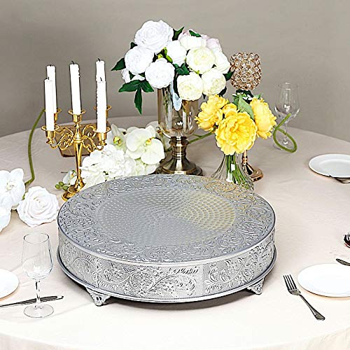 22-Inch Silver Round Embossed Cake Stand - Elegant Wedding & Birthday Dessert Display Pedestal for Centerpiece Decorations - Perfect for Party, Buffet, and Special Events