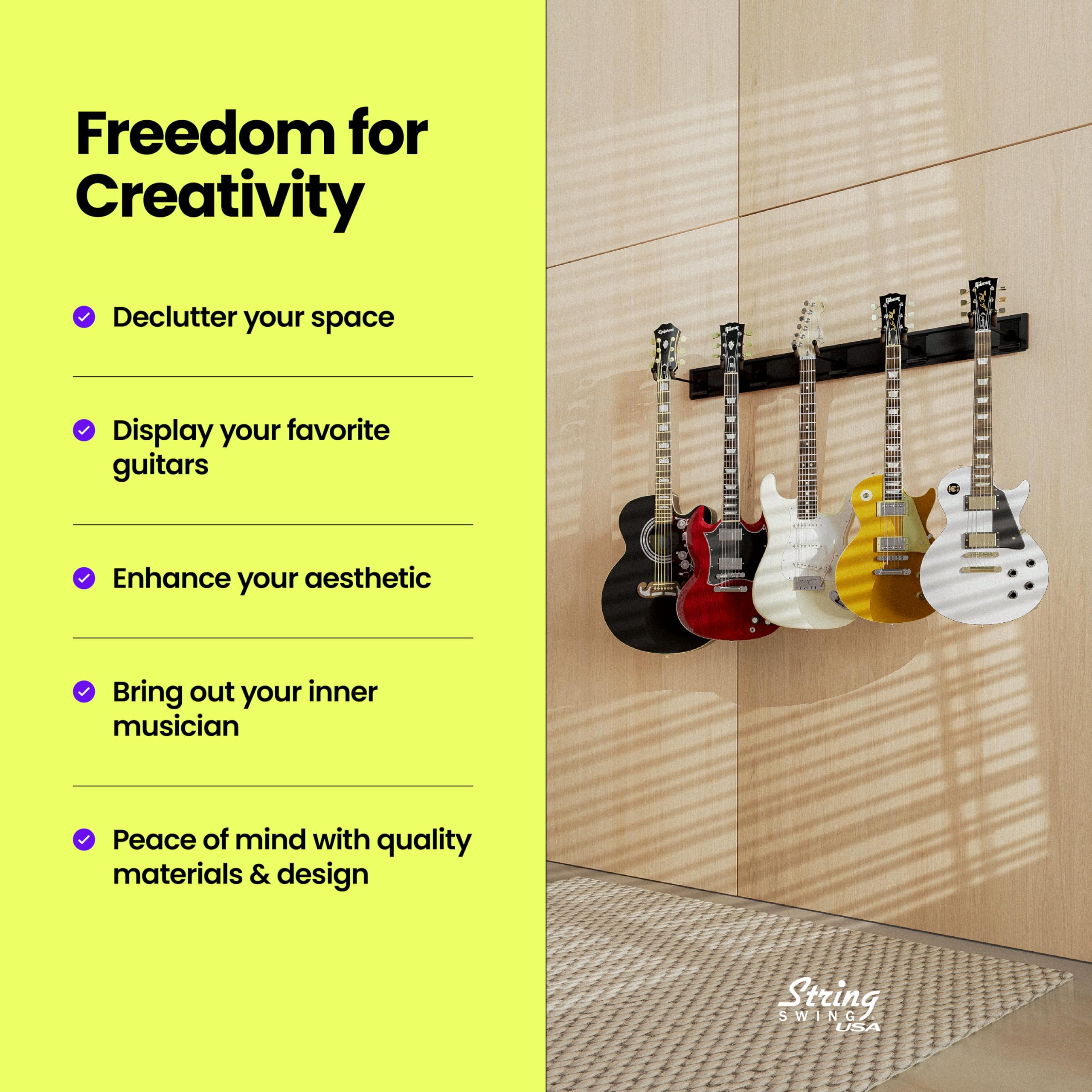 String Swing Guitar Wall Rack - 5 Padded Hangers for Acoustic & Electric Guitars | Wall Mount Guitar Organizer with Black Slatwall Rail | Made in USA | Perfect for Home Studios, Music Rooms & Stage Setups