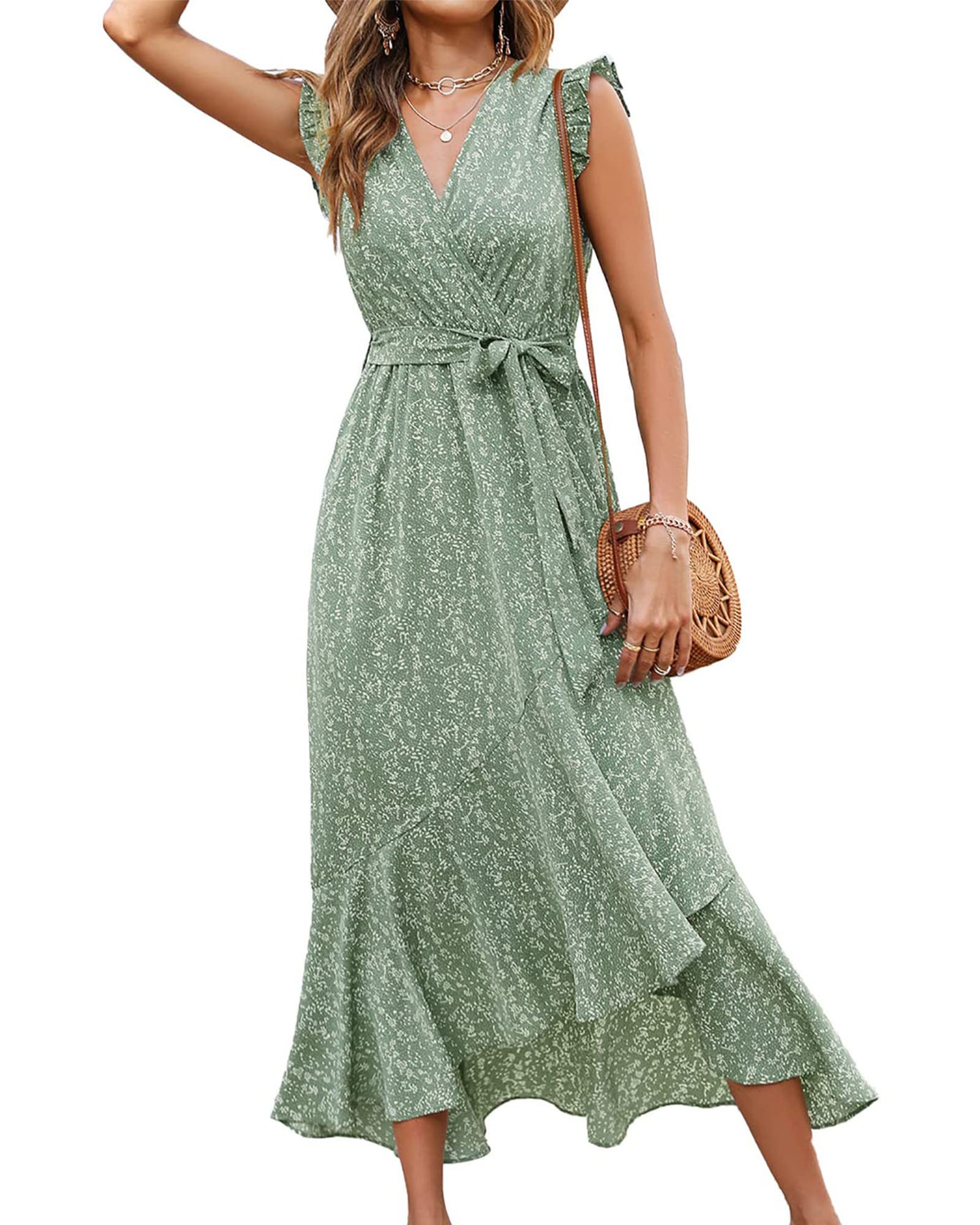 BTFBM Women's Floral Maxi Dress with Ruffle Sleeves & V-Neck - Summer Beach Wedding Guest Dress, Spring Vacation Outfit, Wrap Belt Design for Casual & Special Occasions