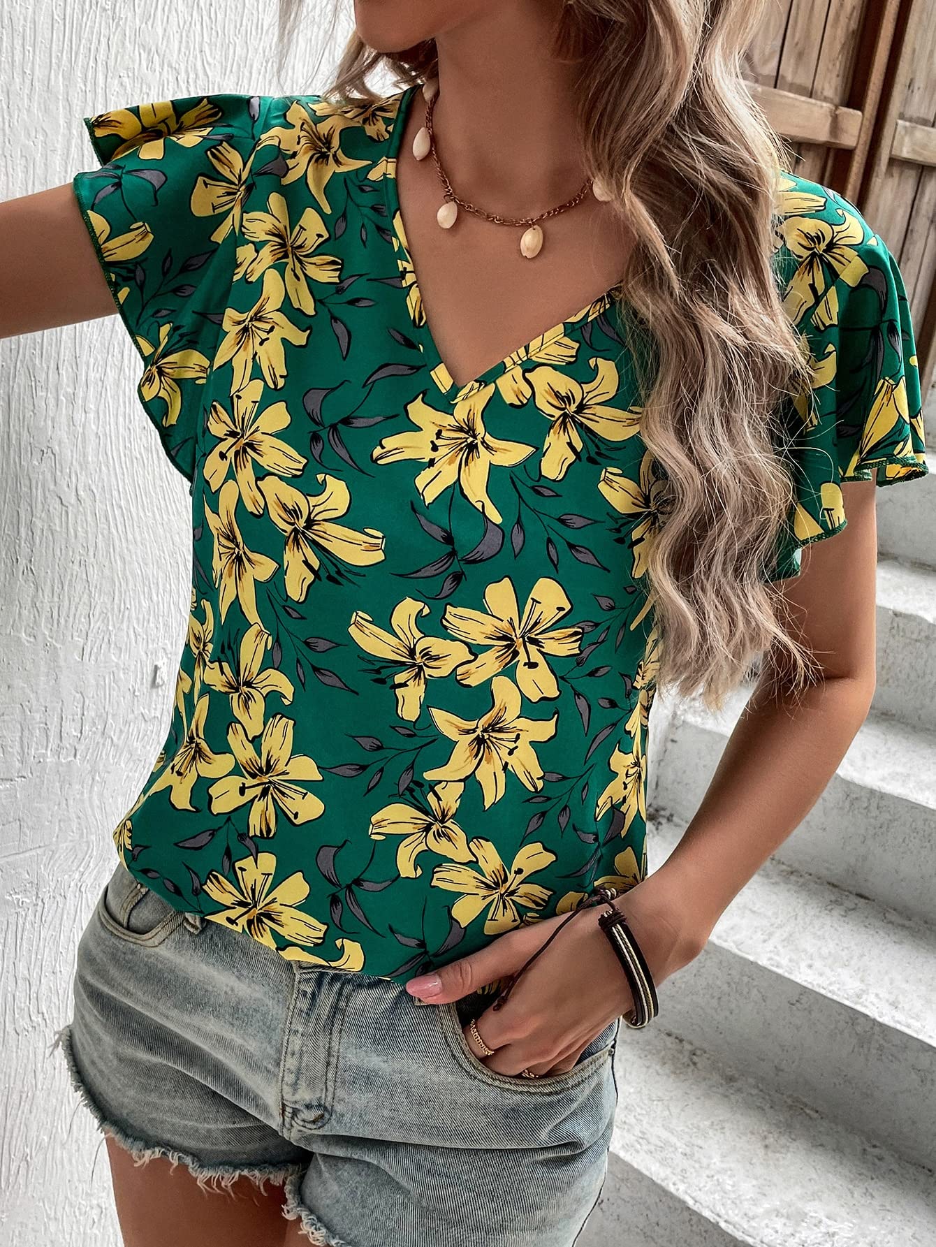 Floral Print Butterfly Sleeve Blouse for Women - Multicolor Small Size | Elegant Summer Tops for Casual Wear & Office Outfits