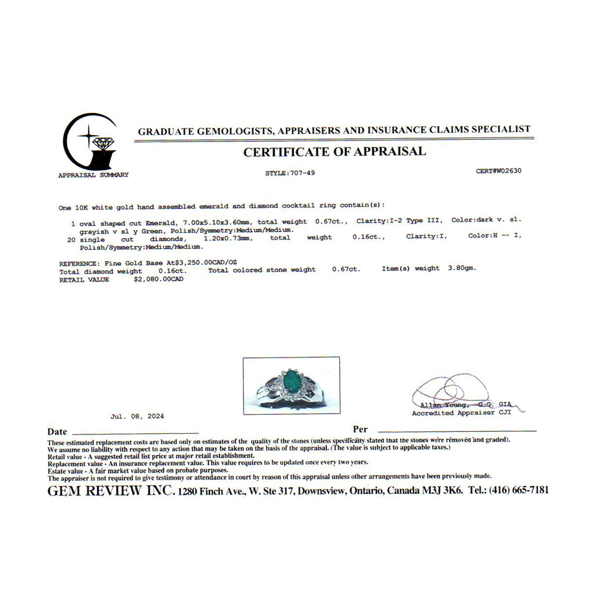 10K White Gold Emerald and Diamond Ring - 0.67ct Emerald with 0.16ctw Diamond Accents - Size 6.75 - Elegant Engagement, Anniversary or Gift Jewelry for Women