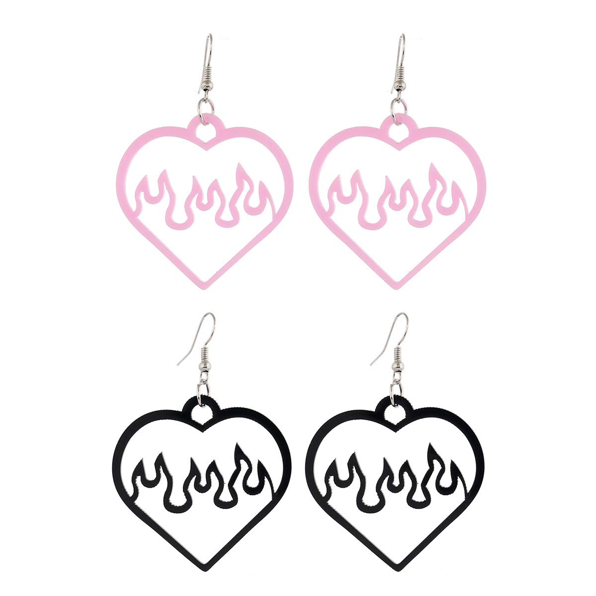 Pink Heart Flame Earrings for Women - Hollow Black Dangle Statement Love Earrings for Teen Girls, Cute Aesthetic Dainty Fashion Jewelry - Perfect for Parties, Date Nights & Unique Gifts