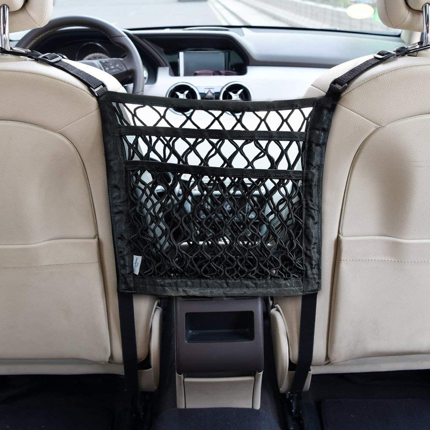 3-Layer Car Seat Organizer with Mesh Pockets - Front & Back Seat Storage Net for Purse, Handbag & Accessories | Perfect for Travel, Road Trips & Pet Barrier | Multi-Purpose Automotive Console Organizer