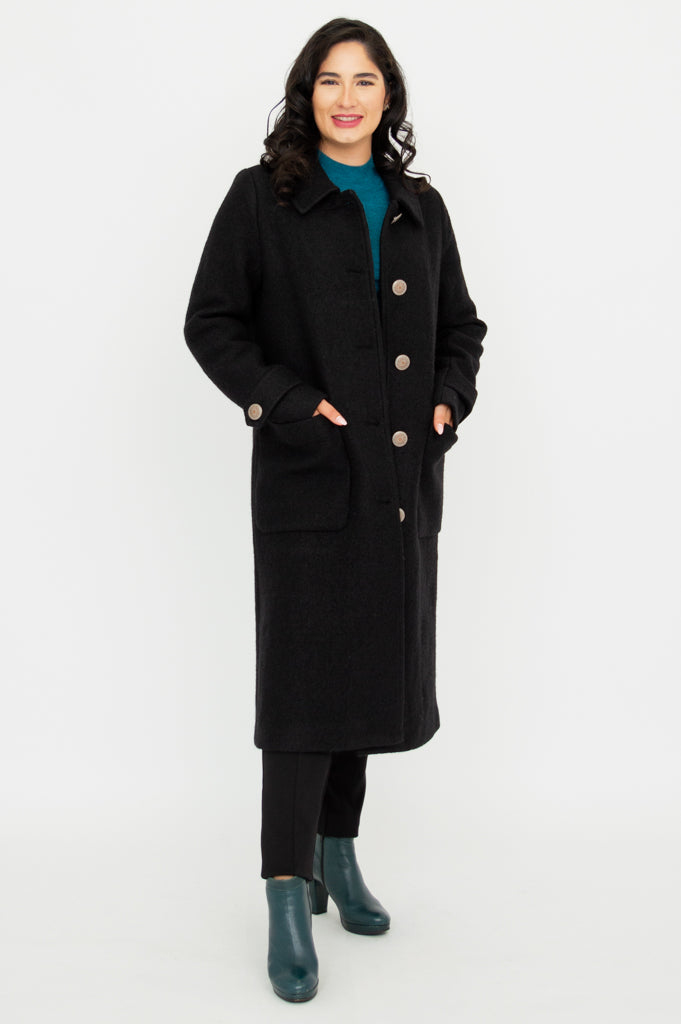Premium Black Boiled Wool Edna Coat for Women - Warm Winter Outerwear for Office, Travel & Casual Wear