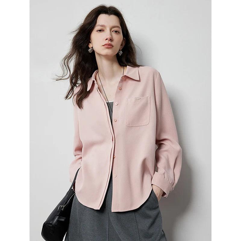 Women's Beige Workwear Blouse - Soft Brushed Long Sleeve Office Shirt with Turn Down Collar | Professional Business Attire for Autumn & Winter | Perfect for Office, Meetings & Formal Events