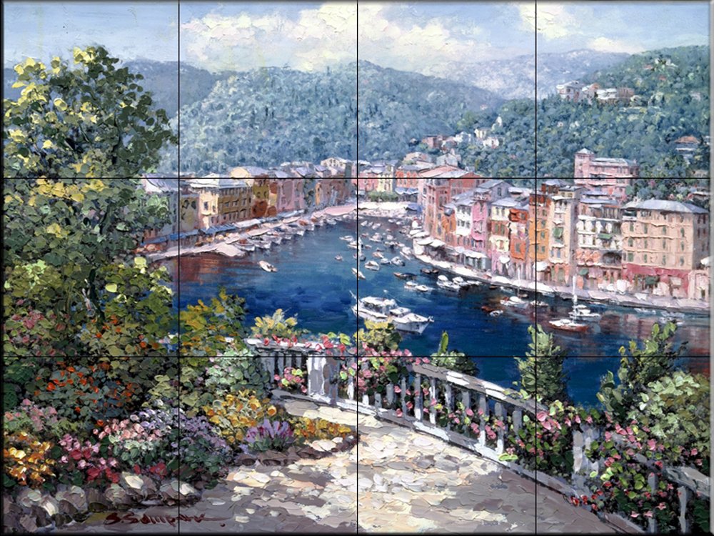 Ceramic Backsplash Tile Mural - Water View Landscape Overlooking Portofino - Kitchen Bathroom Shower Wall Decor - Waterproof Peel & Stick Tiles for Easy Installation - Perfect for Coastal, Mediterranean & Modern Home Decor