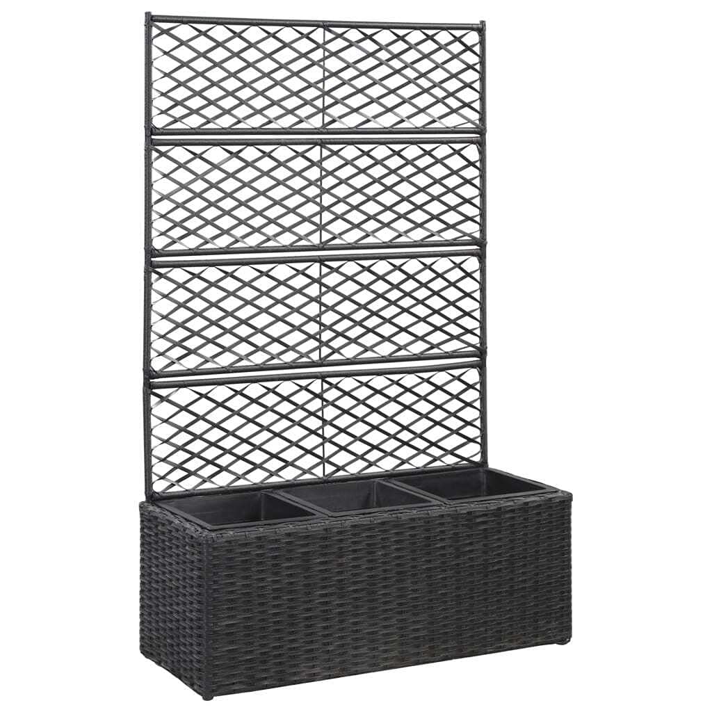 vidaXL Black Poly Rattan Trellis Raised Garden Bed with 3 Pots - Outdoor Balcony, Patio Planter for Flowers & Vegetables - Perfect for Small Space Gardening & Urban Farming