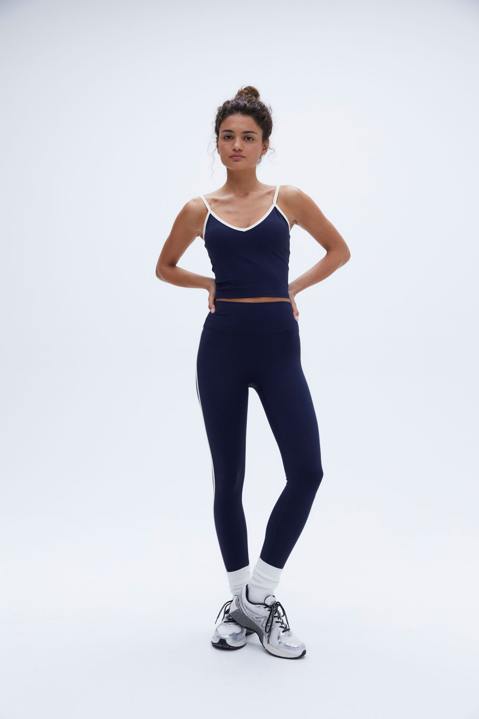 Ultimate Piping Leggings for Women - High Waist Yoga Pants with Side Stripes - Navy Blue & Marshmallow Color - Perfect for Gym, Running, Workout and Lounge Wear