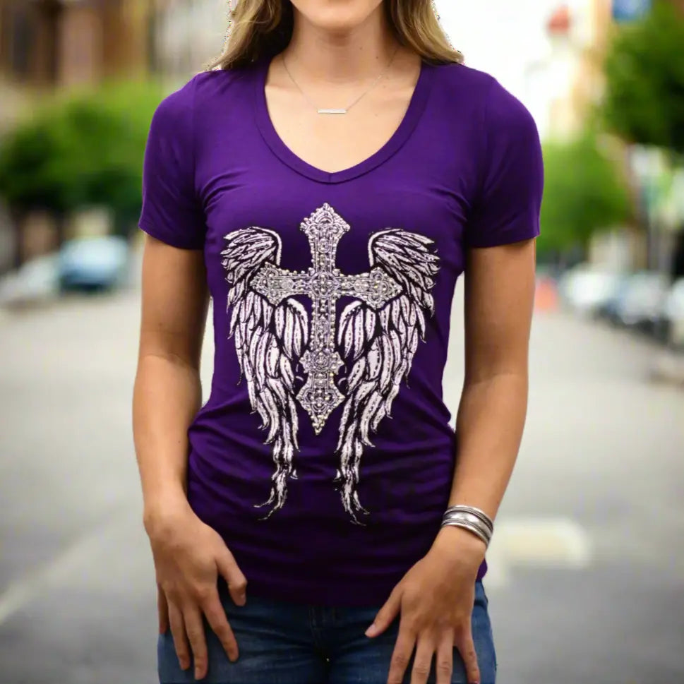 Stylish V Neck T-Shirt with Cross & Wings Rhinestone Design - Perfect for Casual Wear, Parties & Everyday Fashion