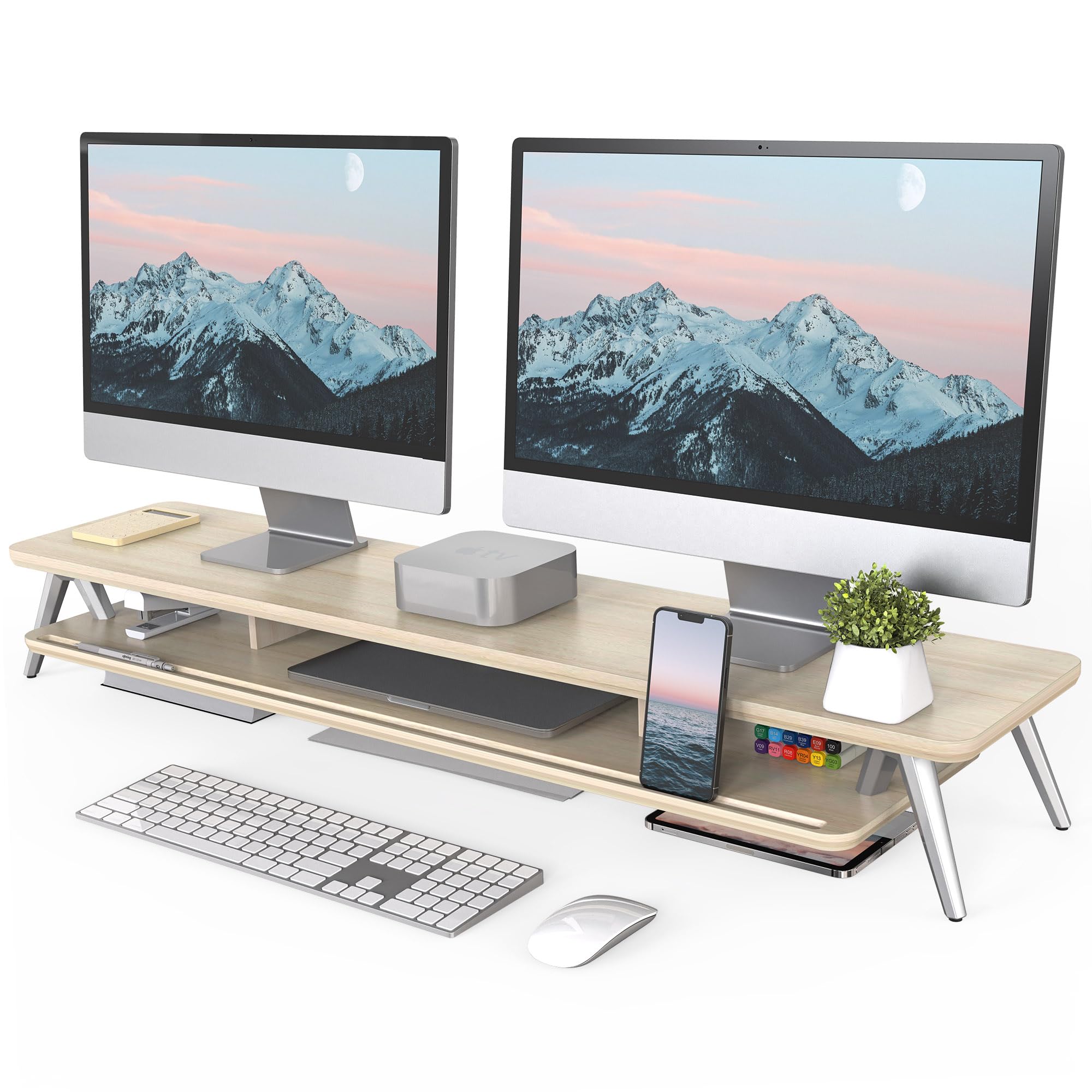 Dual Monitor Stand for 2 Screens - 42.5 Inch Wooden Desk Shelf with Storage Organizer & Cable Management | Office Desk Accessories for Home & Workspace Organization