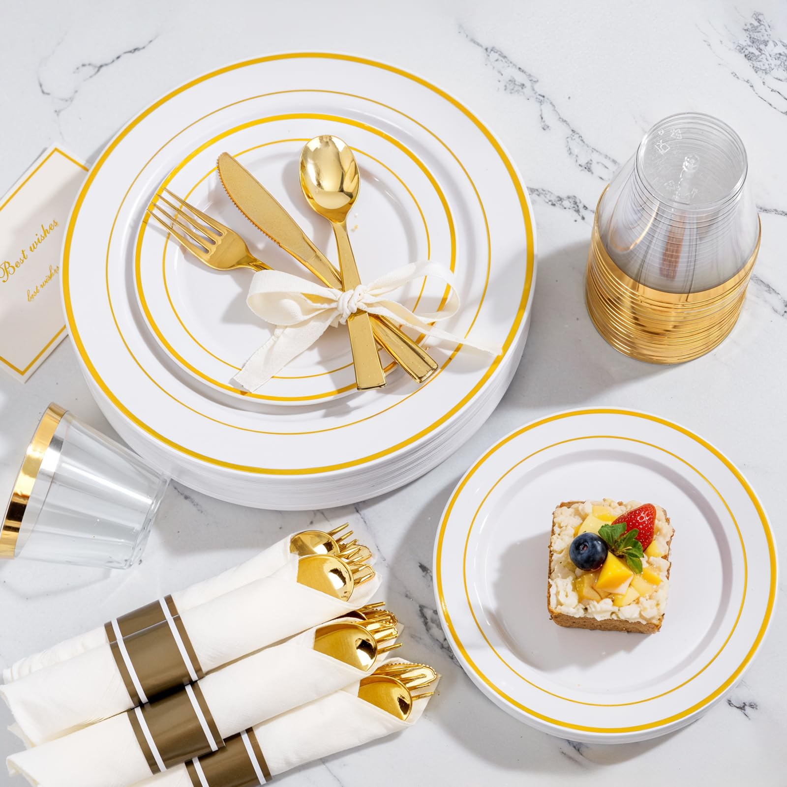 WELLIFE 350-Piece White and Gold Disposable Plastic Dinnerware Set - Includes 100 Gold Plates, 150 Silverware, 50 Napkins, 50 Cups for Party, Wedding, Baby Shower & Events - Elegant Disposable Tableware for 50 Guests