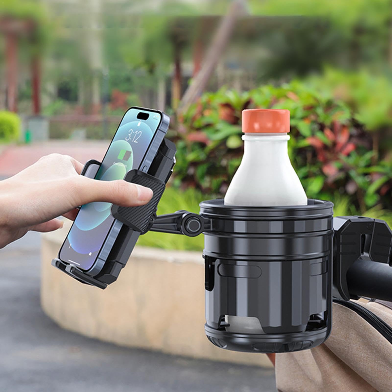 Adjustable Stroller Cup Holder with Phone Pocket - Universal Drink Holder for Coffee Mugs & Smartphones - Convenient Stroller Accessories for Parents (Black) - Perfect for Walks, Shopping & Outdoor Activities