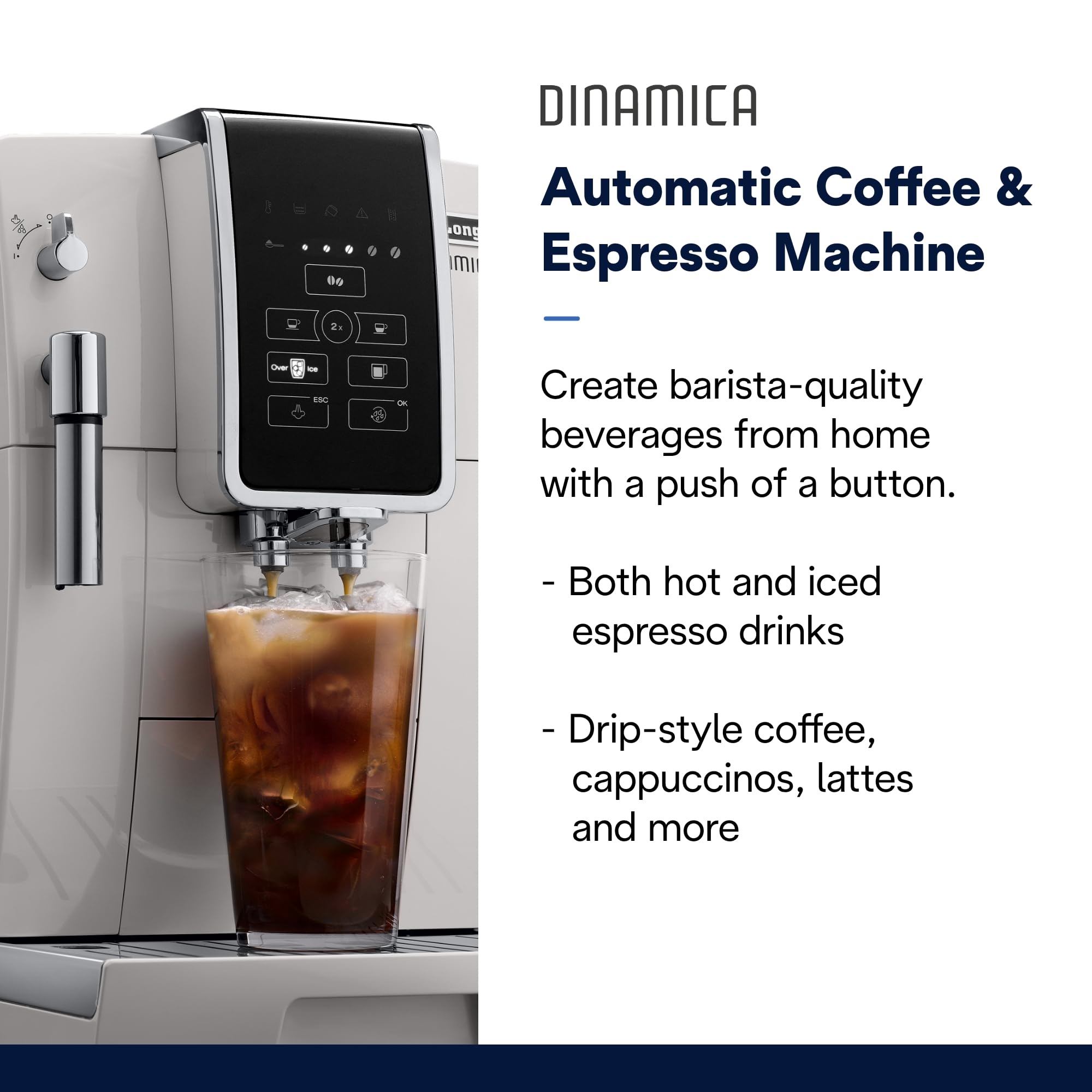 De’Longhi ECAM35020W Dinamica Fully Automatic Coffee & Espresso Machine with Burr Grinder - Make Hot & Iced Coffee - Includes Descaling Solution, Cleaning Brush & Bean-Shaped Ice Cube Tray - Perfect for Home, Office & Entertaining (White)
