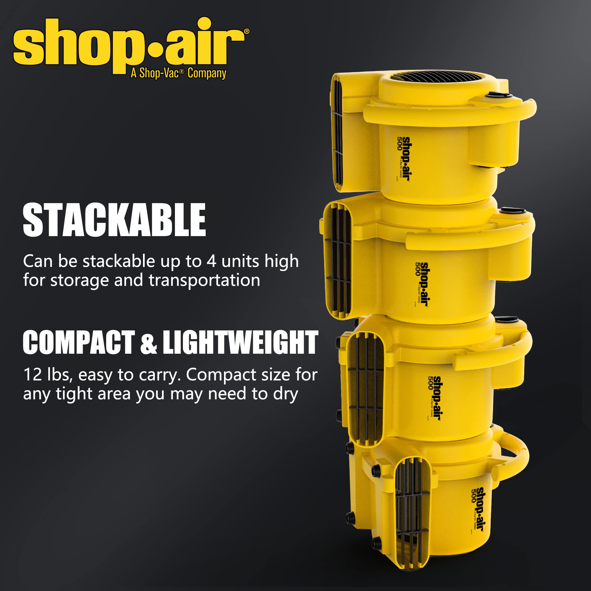 Shop-Vac 1032005 Shop-Air 3-Speed 500 CFM Air Mover - Heavy Duty Stackable Blower Fan for Floor Carpet Drying, Water Damage Restoration & Janitorial Use - Ideal for Home, Office & Commercial Spaces (1-Pack)