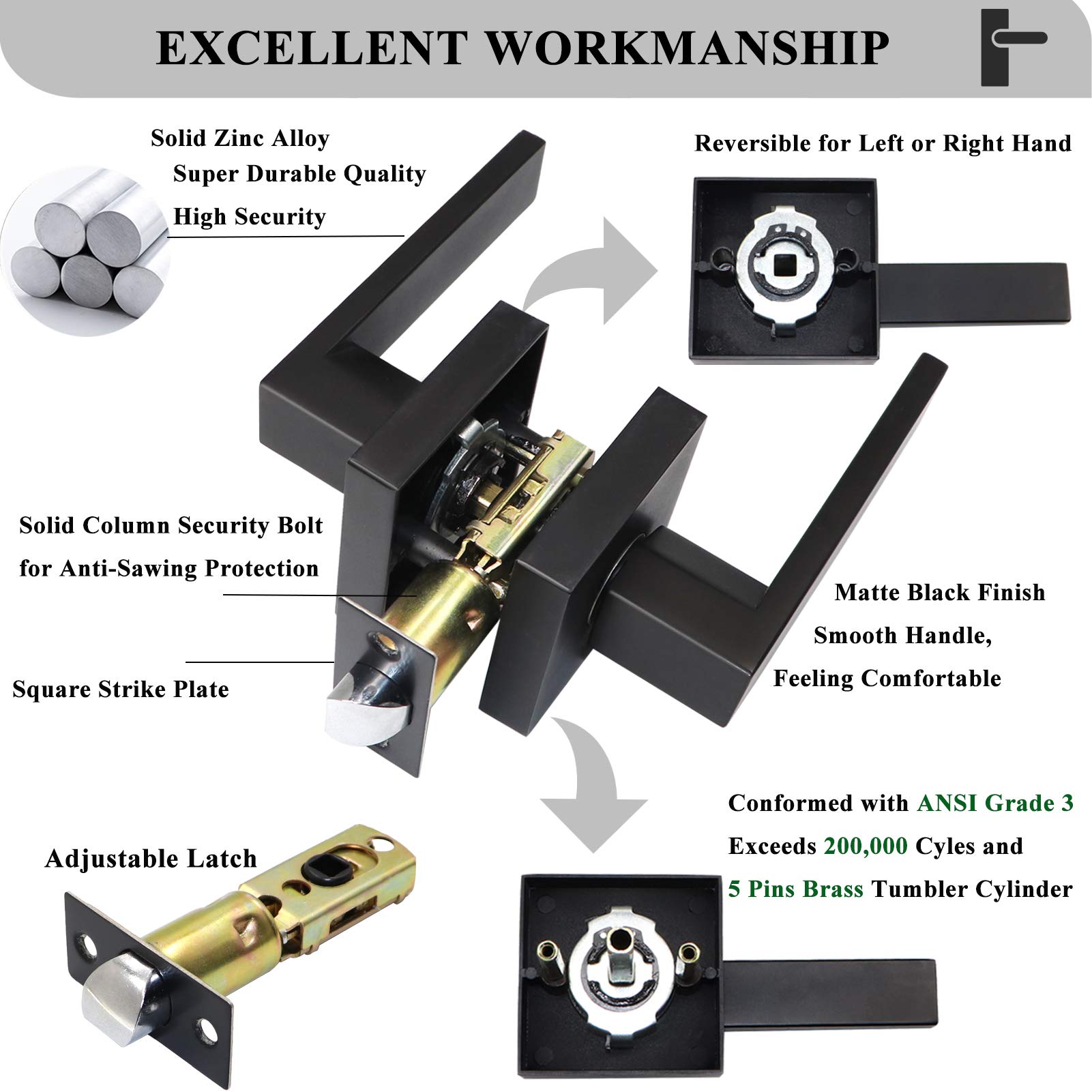 MONKEMON Matte Black Passage Door Handle - Reversible for Right & Left Side, 3 Pack - Perfect for Closet, Bedroom & Interior Doors