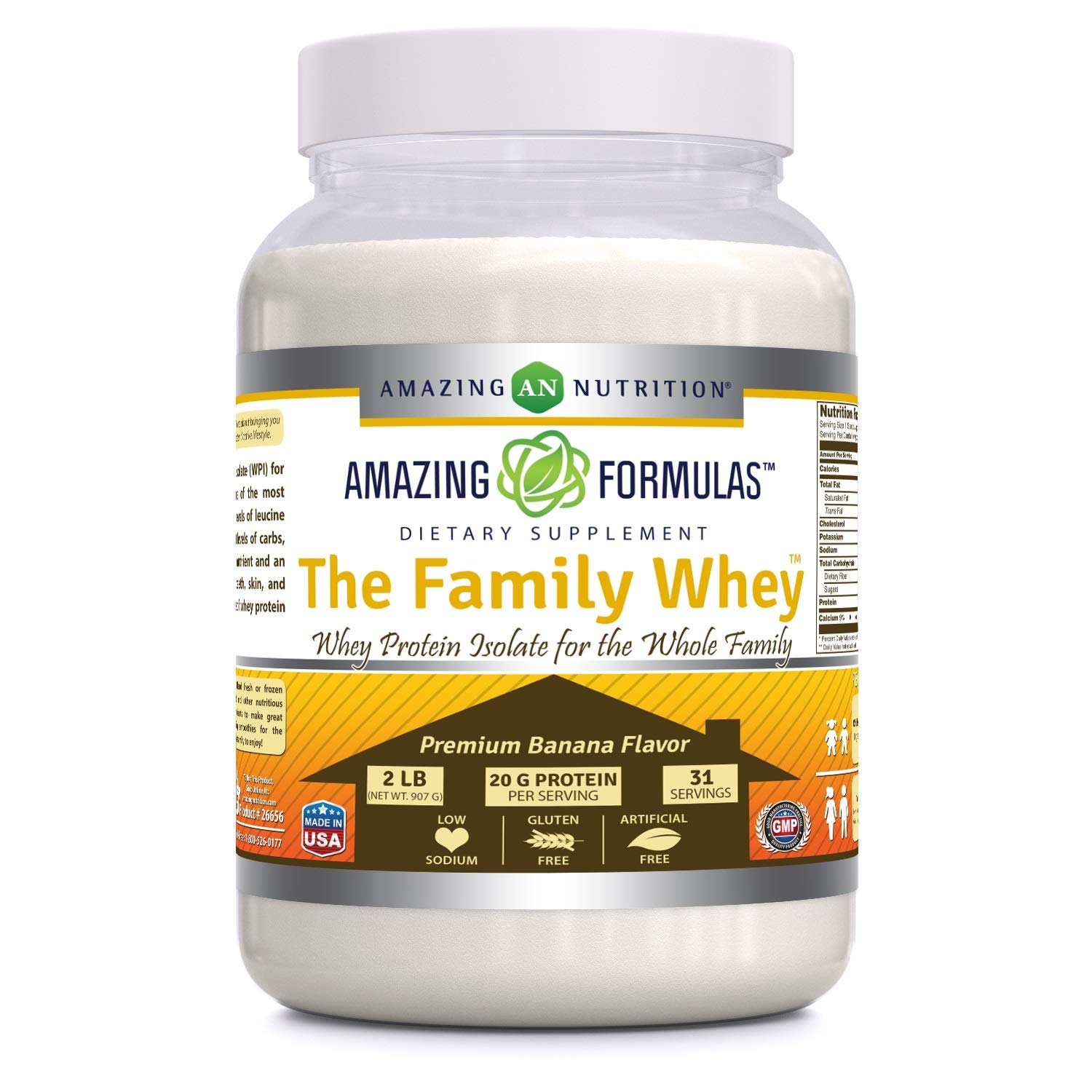 Amazing Formulas The Family Whey Protein Isolate Powder - 2 lbs - Gluten Free, Pure Protein Supplement for Adults & Kids - Banana Flavor - Perfect for Post-Workout Recovery & Healthy Family Nutrition