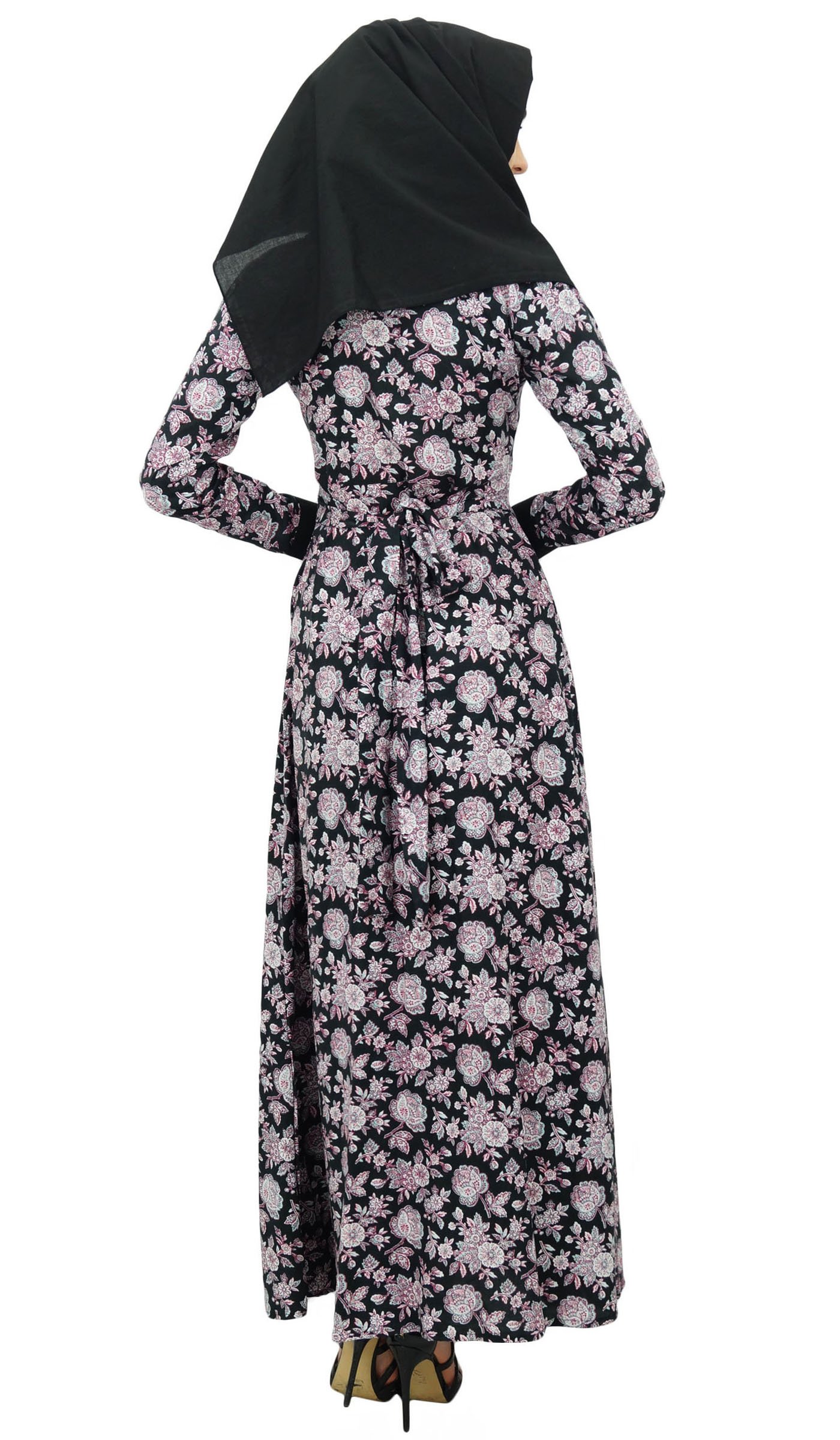 Bimba Women's Muslim Rayon Maxi Abaya Dress Floral Jilbab with Hijab - Modest Islamic Prayer Dress for Eid, Mosque & Special Occasions