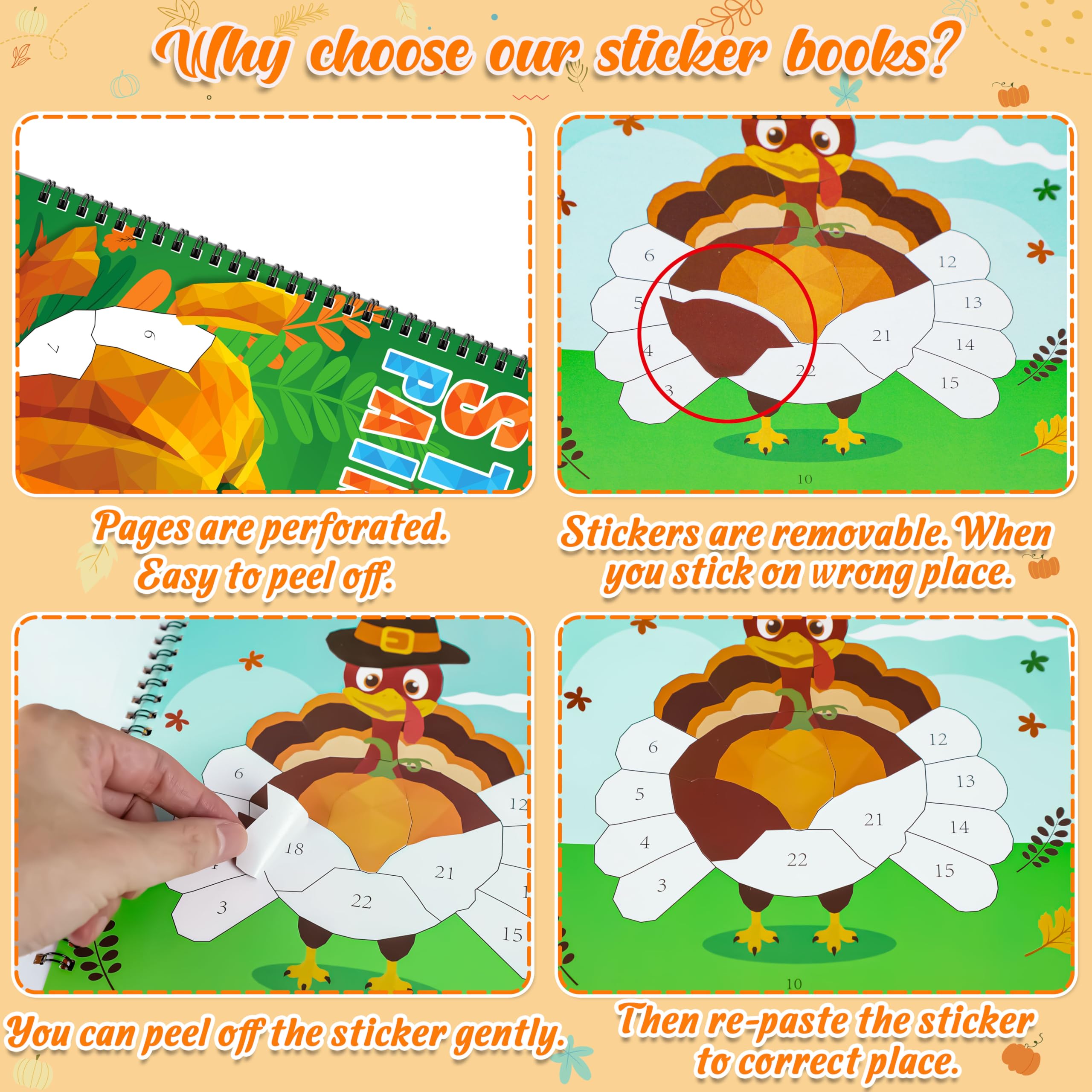90Shine 2PCS Thanksgiving Sticker Activity Books for Kids Ages 4-8 - Fall Turkey Pumpkin Harvest Craft Kits with 22 DIY Scenes - Perfect for Classroom Party Gifts & Holiday Family Bonding Activities