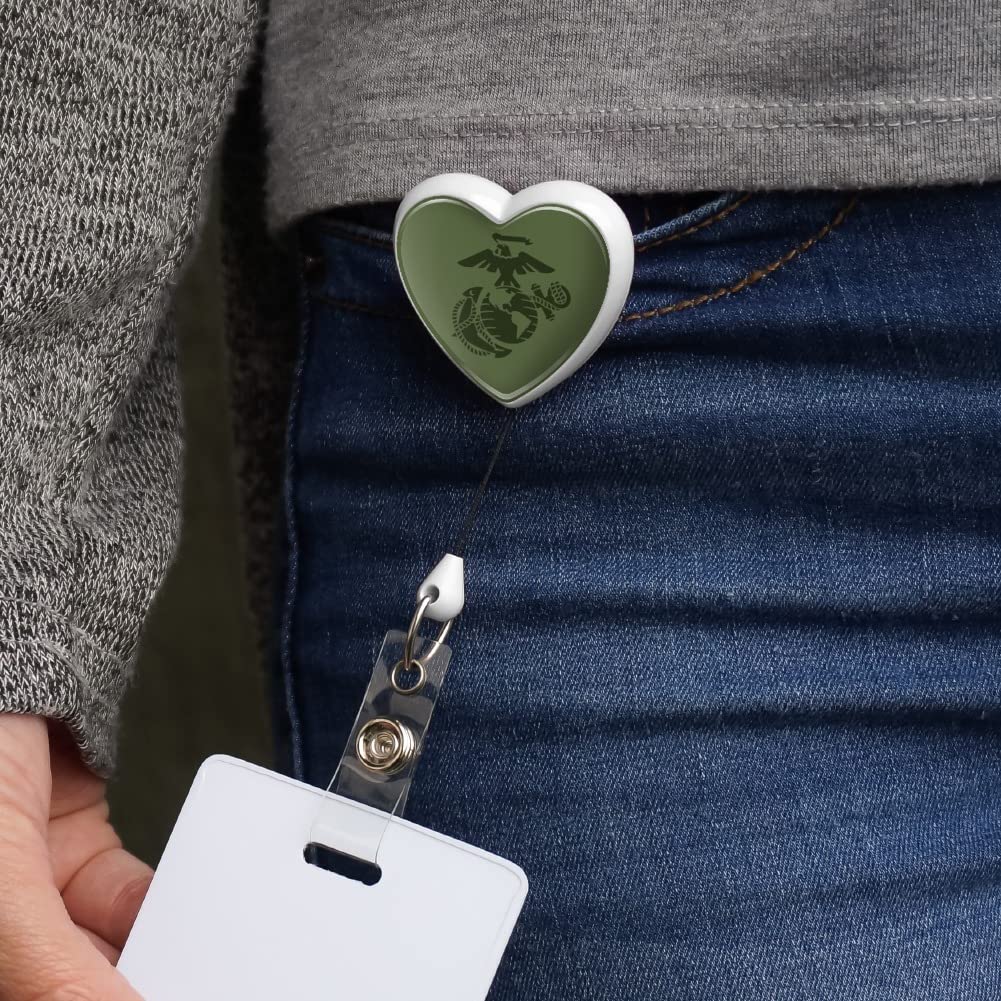 USMC Marines Green Logo Heart Lanyard with Retractable Reel - Military ID Badge Holder for Work, School & Events | Perfect for Security, Office & Military Personnel