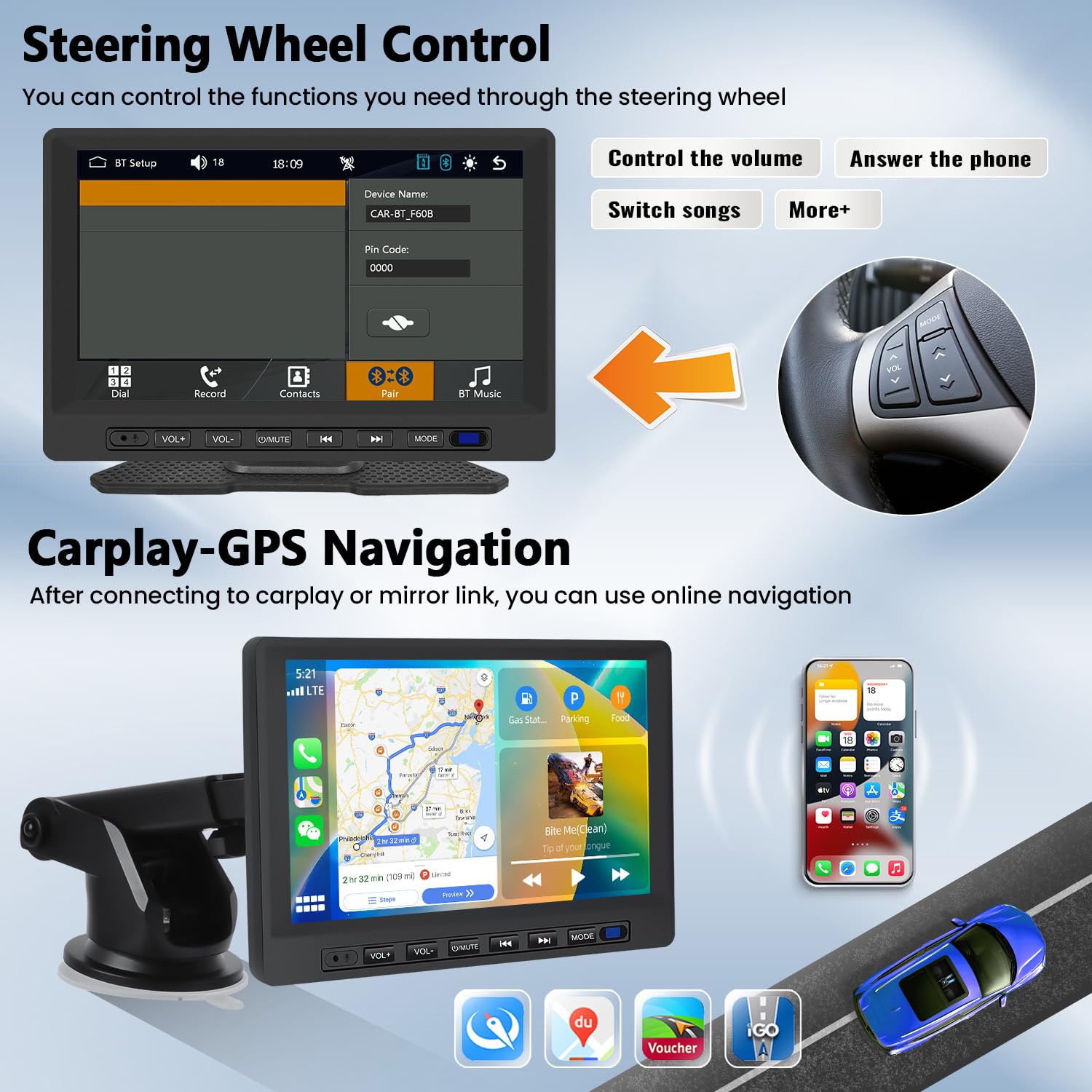 7-inch Portable Car Stereo with Wireless Apple CarPlay & Android Auto - Touchscreen Bluetooth FM Receiver with Steering Wheel Control, Voice Command & AUX Input (7V-32V) - Perfect for Road Trips, Commuting & Hands-Free Driving